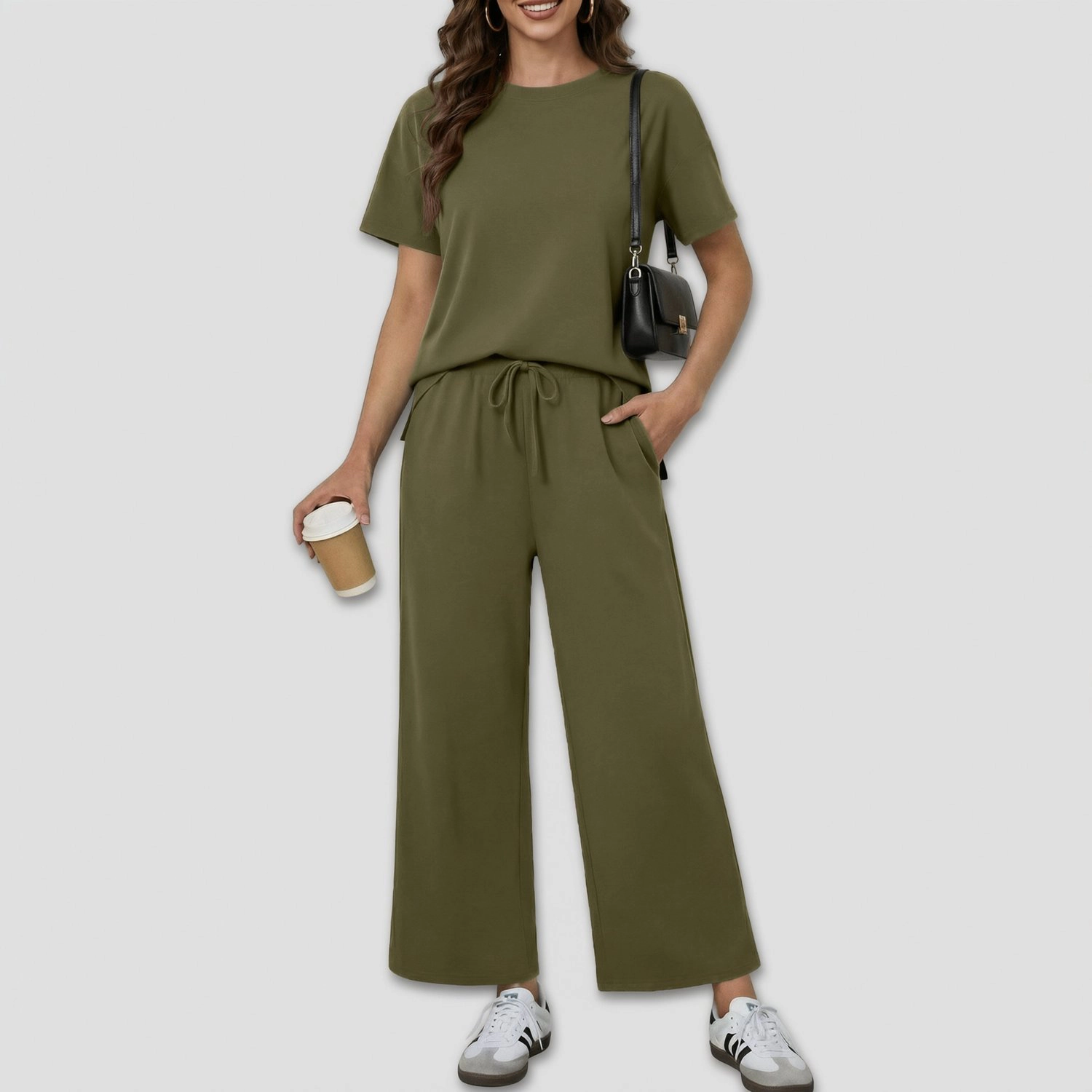 Pinspark Womens Casual Short Sleeve Tops Solid Wide Leg Pants Loose Lounge Sets