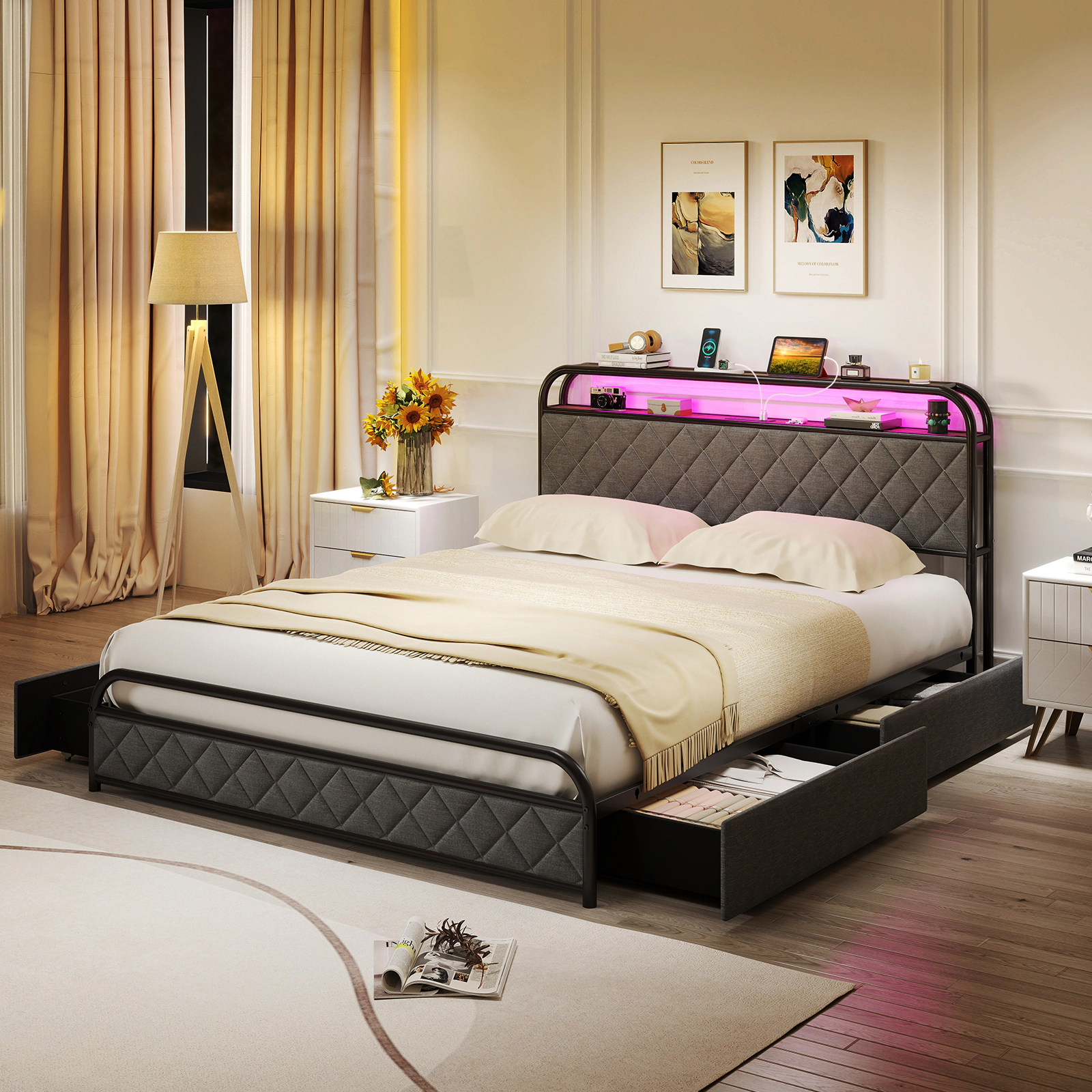 SUGIFT Queen Platform Bed Frame with LED Lights, Charging Station, 4 Storage Drawers, Bookcase Headboard, Black