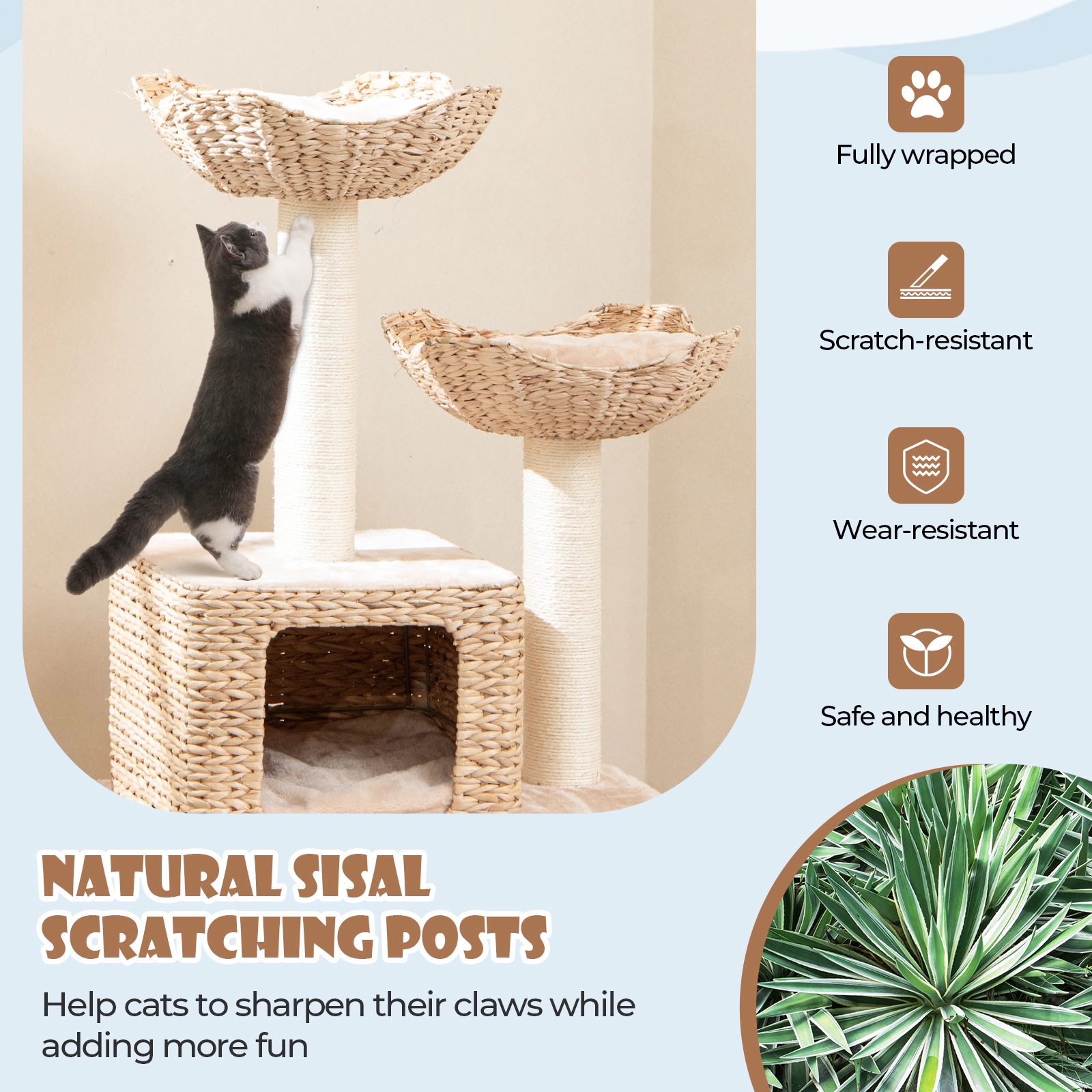 SUGIFT Beige 48 in Cattail Cat Tower with 5 Sisal Posts Perch Condo and Ladder