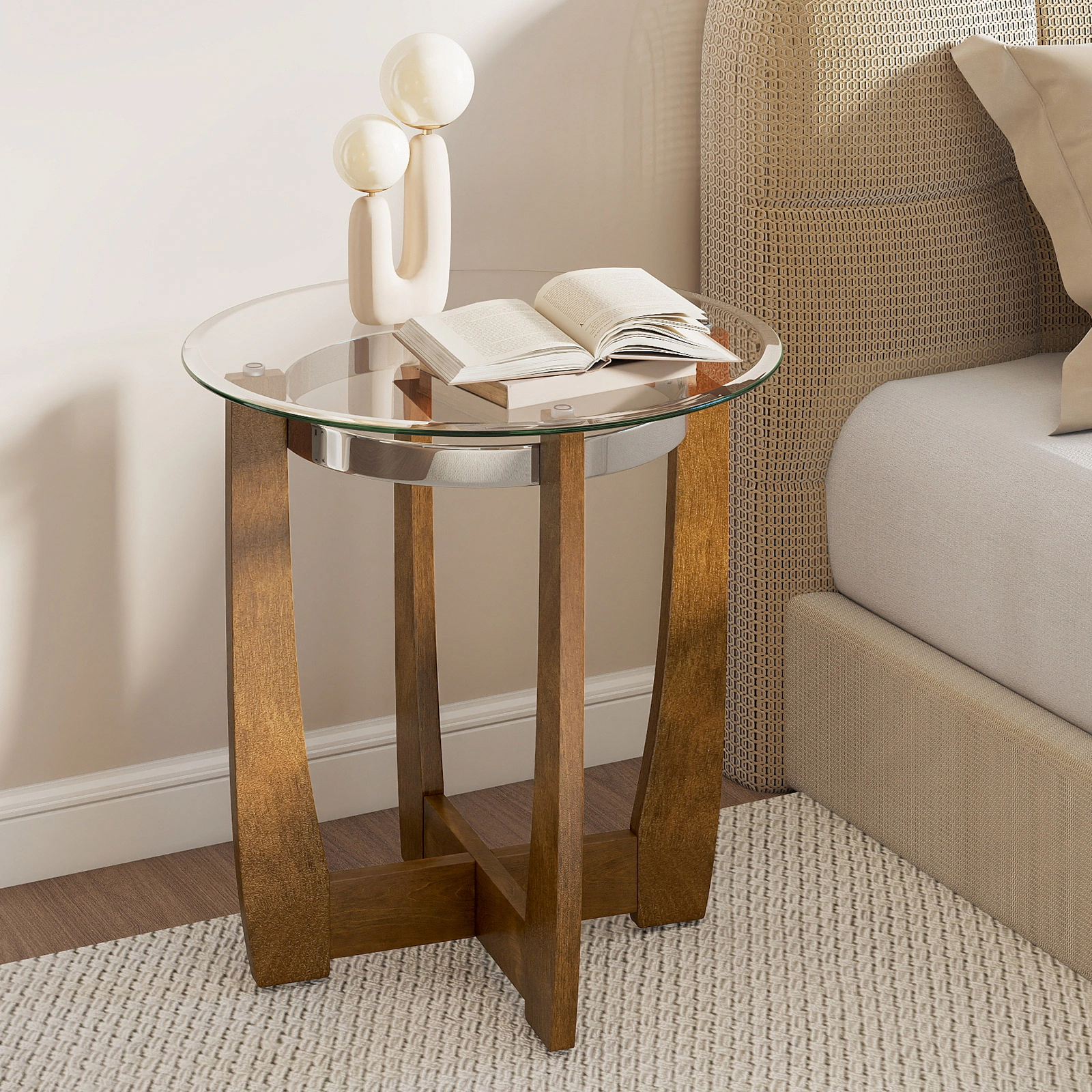 SUGIFT Round Tempered Glass Side Table 220-lb Capacity Transparent & Walnut