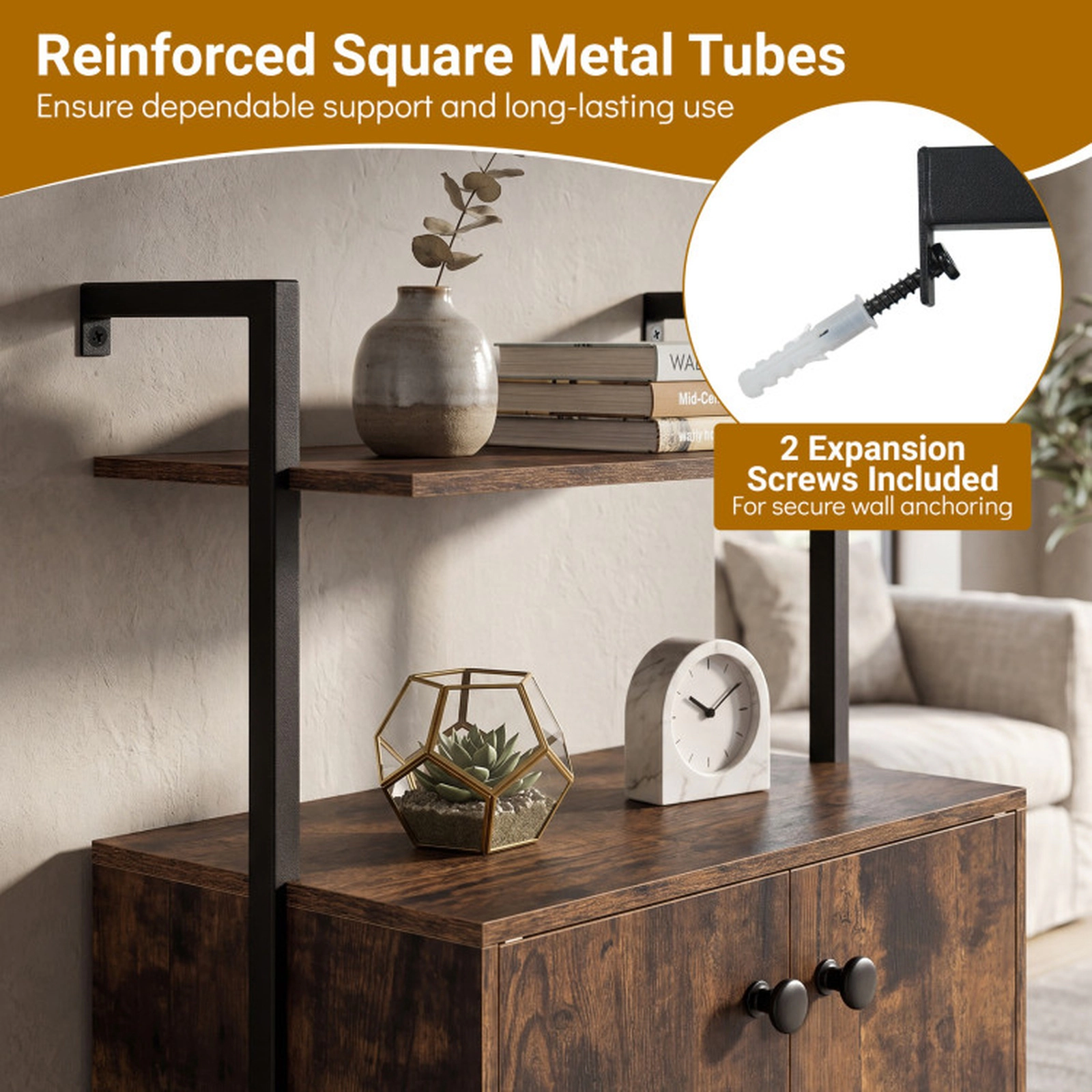 SUGIFT 132-lb Capacity Rustic Brown 2-Door Wall Mount Bookshelf with Storage Cabinet and Open Shelves