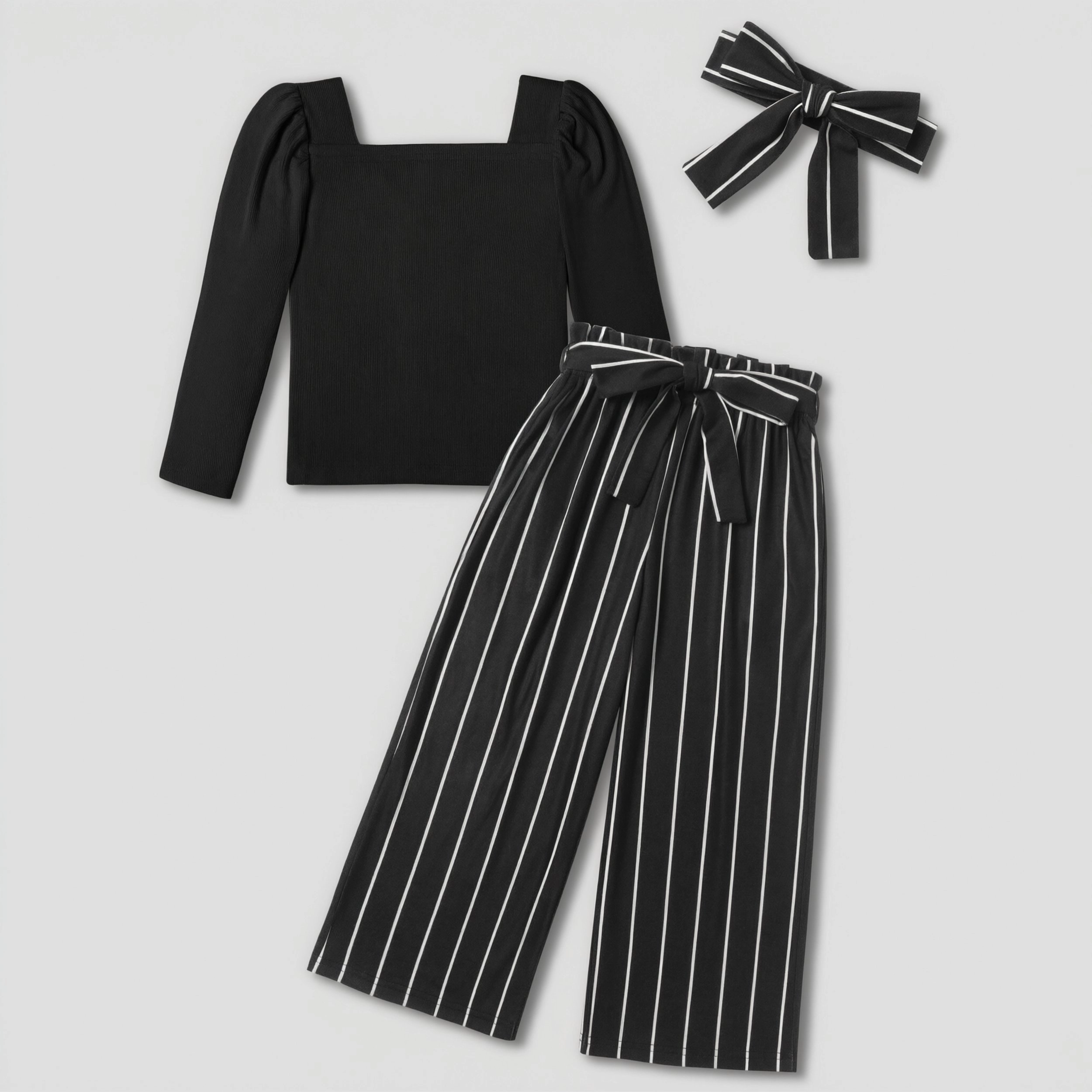 Arshiner Girls 3 Piece Outfit Square Neck Rib Top Striped Wide Leg Pants with Headband