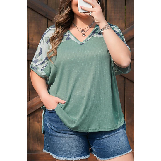 Threaded Pear Women's Mazie Mist Ribbed Patchwork PLUS Tee