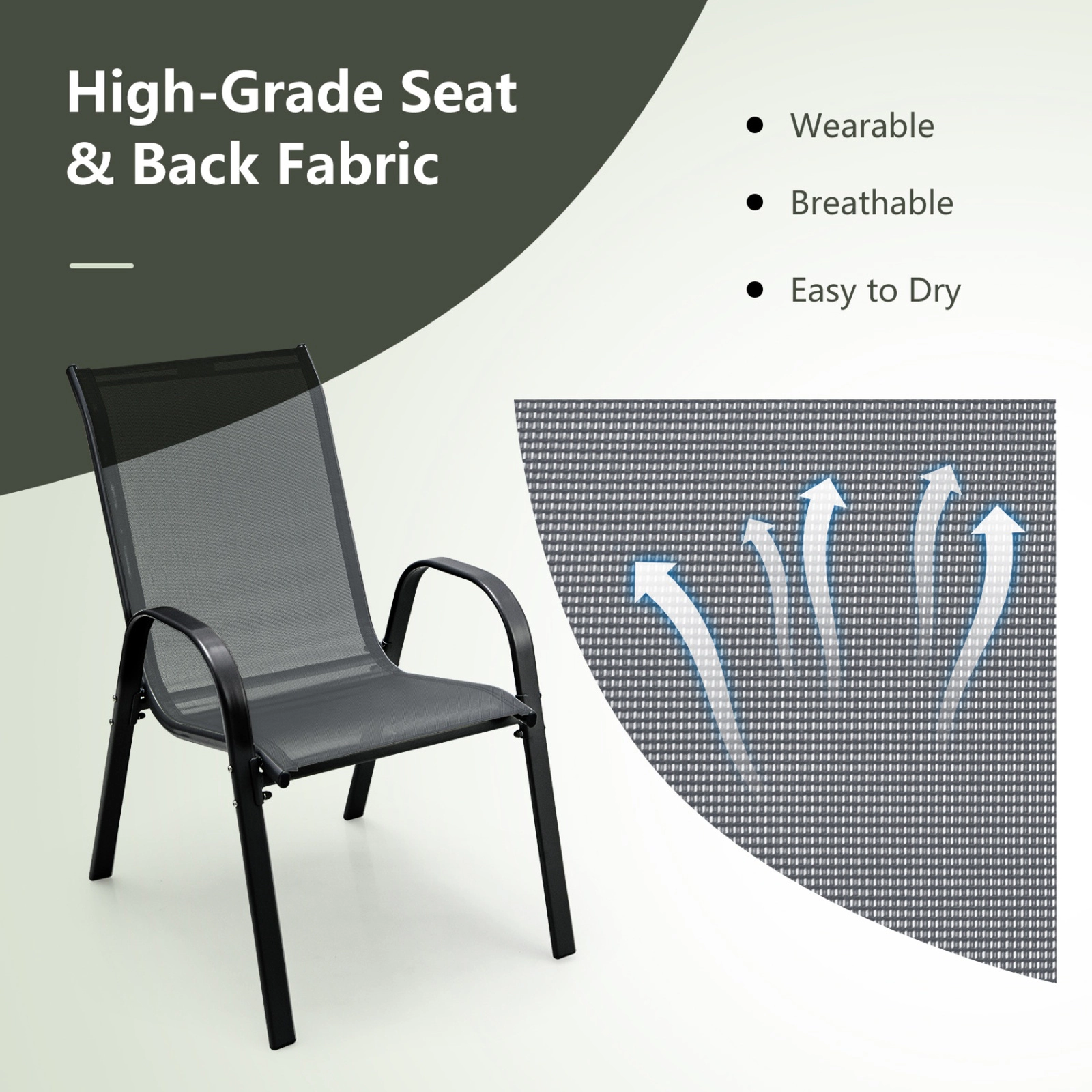 SUGIFT Set of 2 Grey Stackable Outdoor Patio Dining Chairs, Anti-Rust Steel Frame
