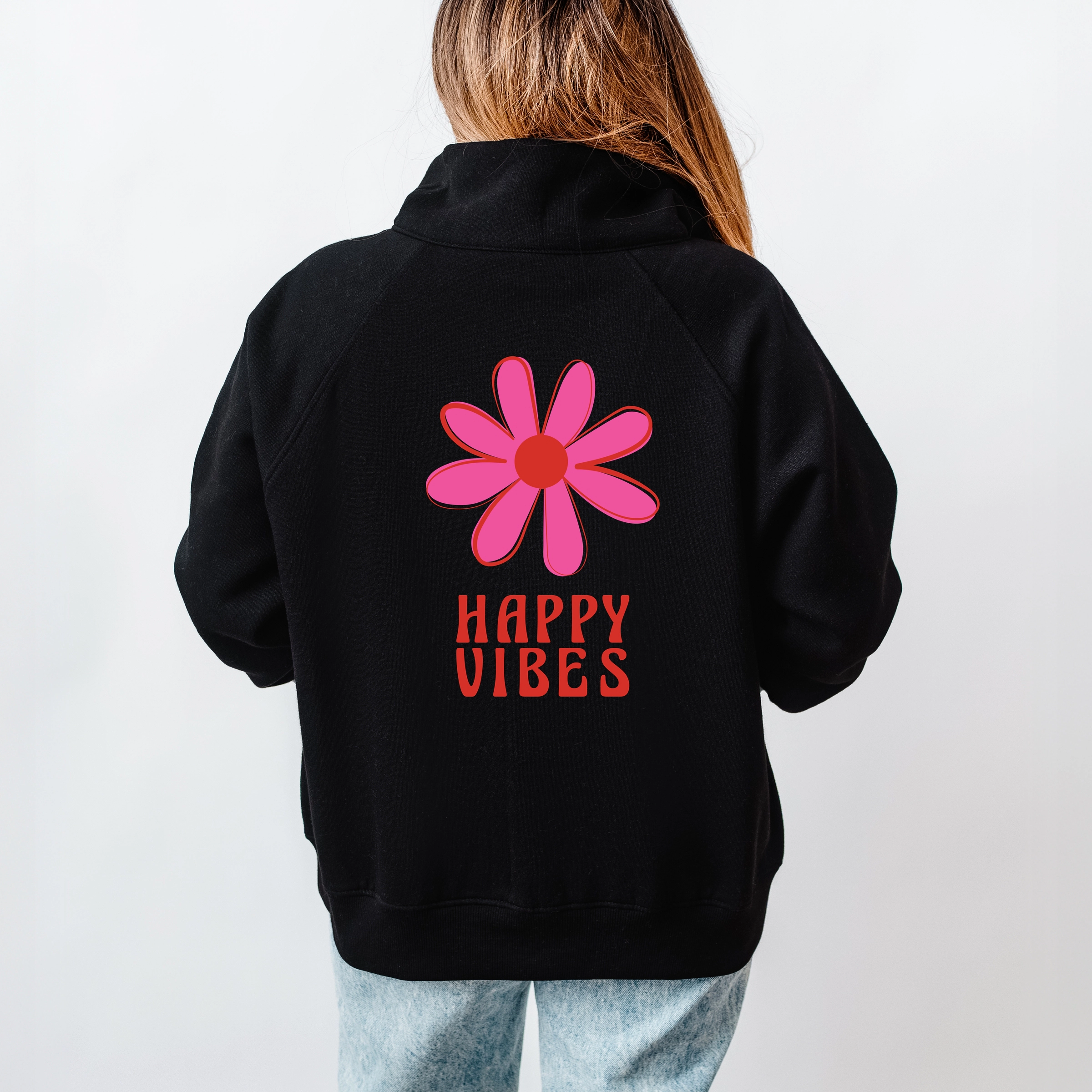 Simply Sage Market - Happy Vibes Flower Women's Quarter Zip Fleece Graphic Sweatshirt