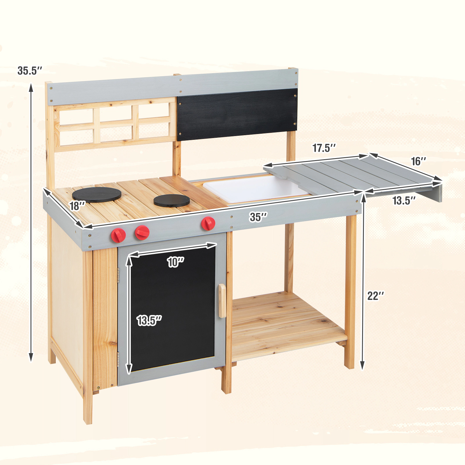 SUGIFT Toddler Natural Mud Kitchen Set with Detachable Water Box and Blackboard 35-in W 35.5-in H Ages 3+