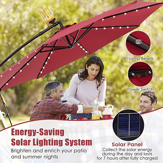 SUGIFT 10-ft Beige Solar Offset Cantilever Patio Umbrella with 40 LED Lights Crank Lift and Cross Base