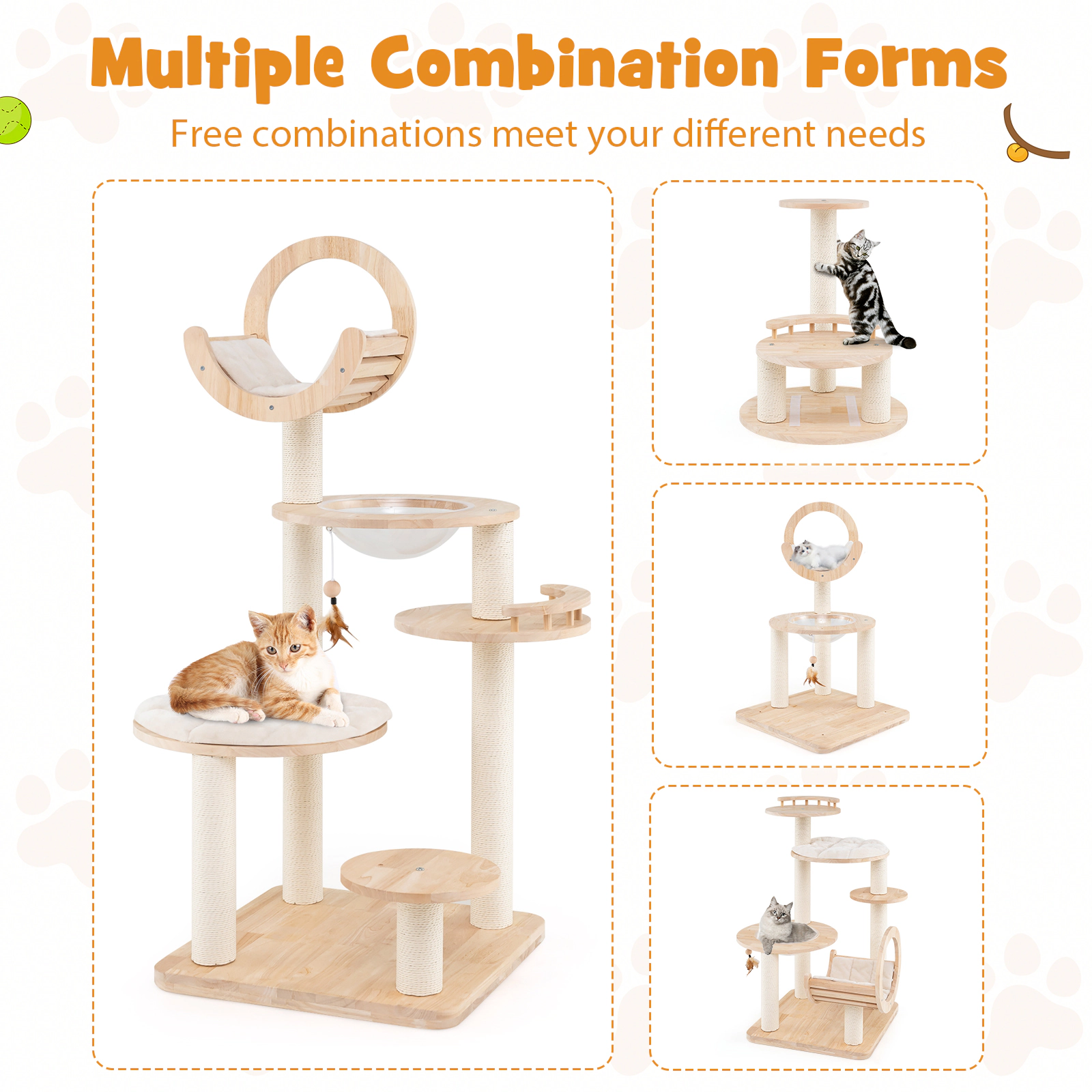 SUGIFT Beige 4-in-1 Large Wooden Cat Tower with Space Capsule Nest and Paper Rope Posts