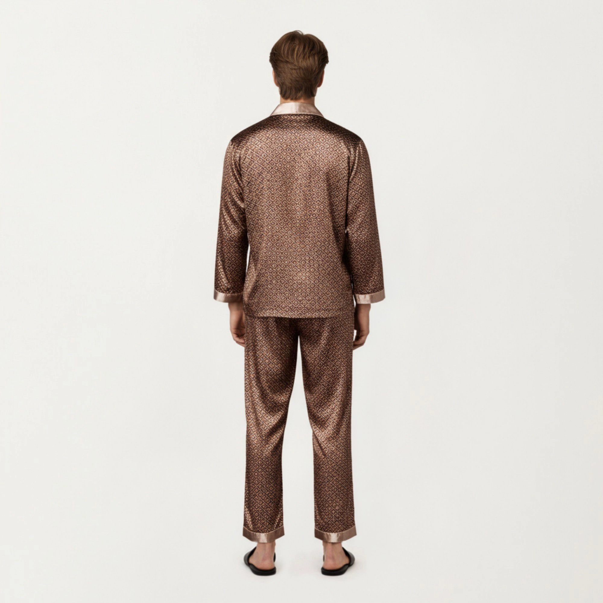 Anna-Kaci Men's 2-Piece Satin Pajamas with Geometric Print Button Up Top and Matching Pants
