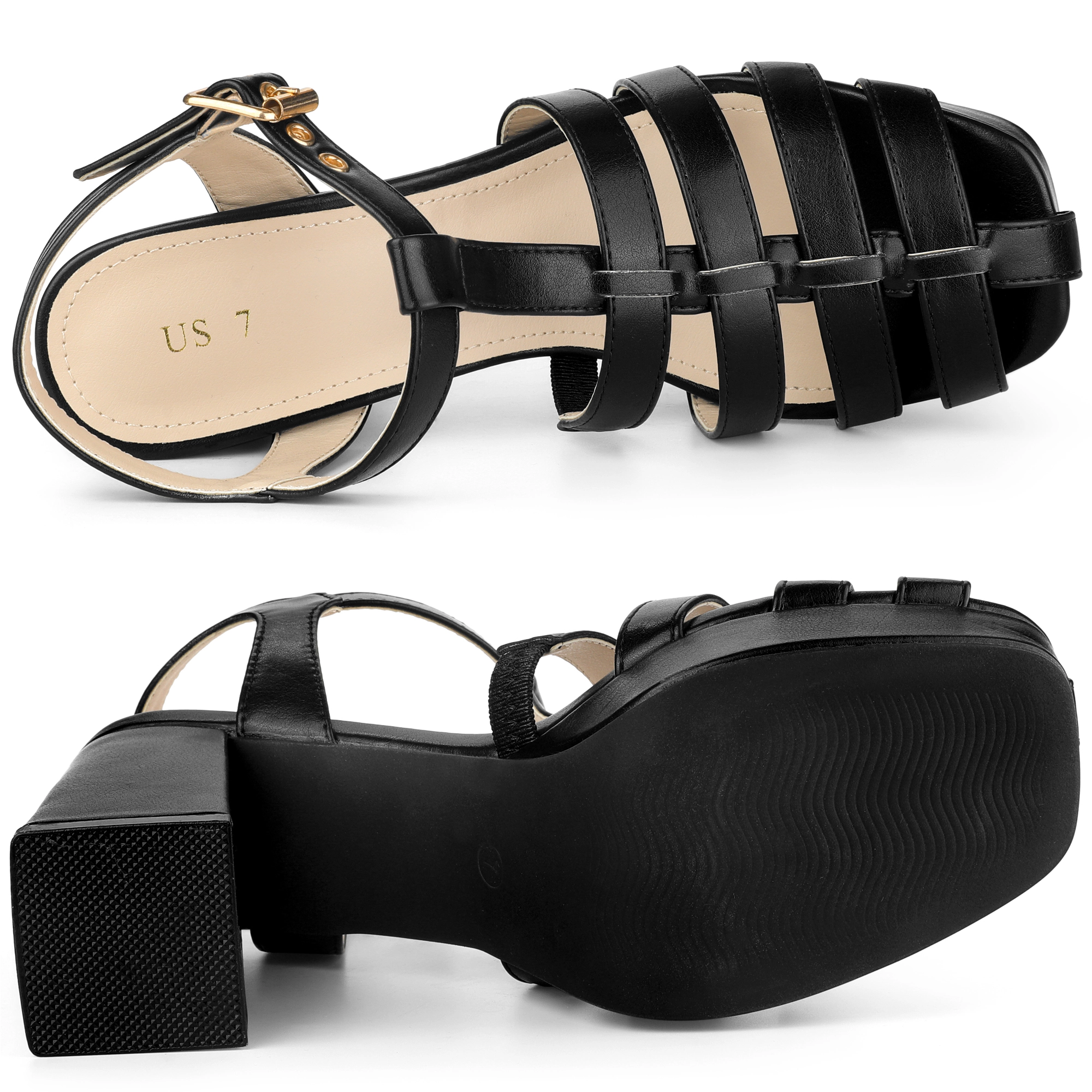 BLISSFUL STEP Women's Gladiator Platform Square Toe T-Strap Chunky Heel Sandals