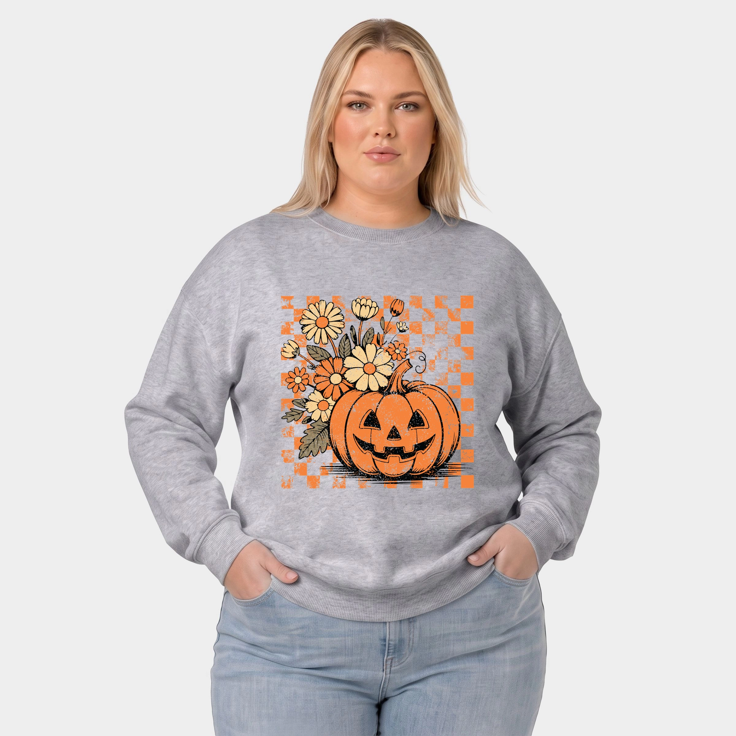 Simply Sage Market - Women's Plus Sized Graphic Sweatshirt Retro Floral Pumpkin