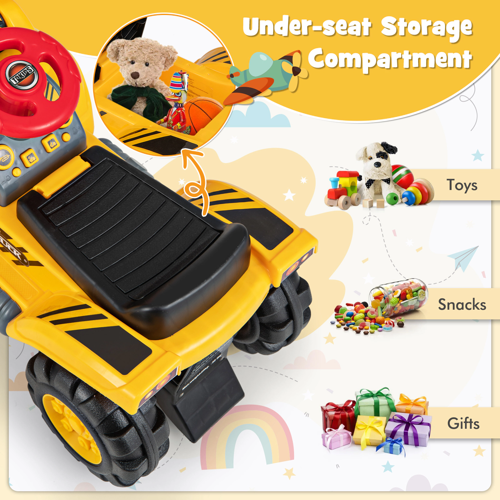 SUGIFT Adjustable Bucket Ride On Bulldozer Toy Play Truck 55-lb Capacity Ages 3+ Yellow with Helmet and Toy Stones