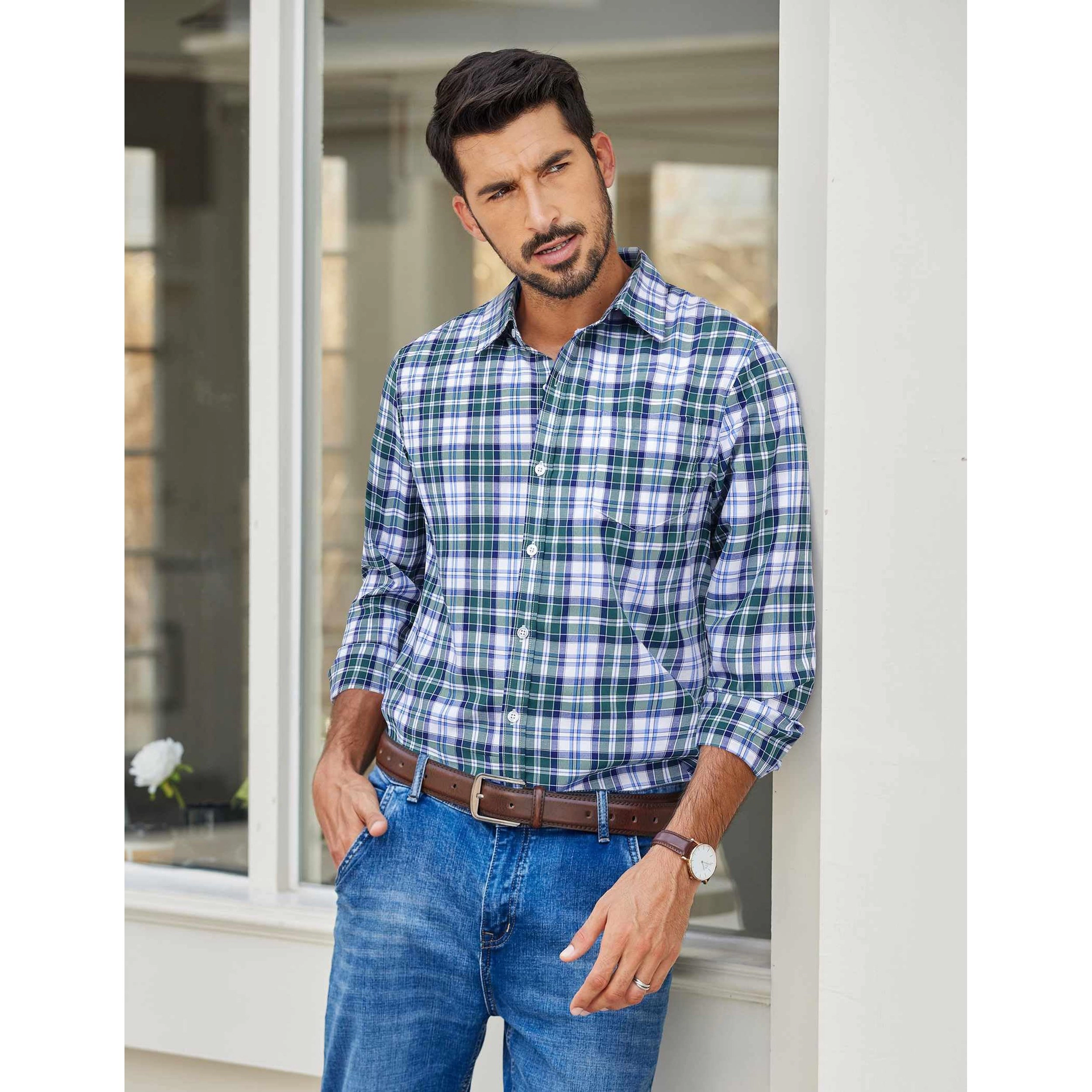COOFANDY Mens Casual Plaid Long Sleeve Button Down Shirts Spread Collar Check Tops