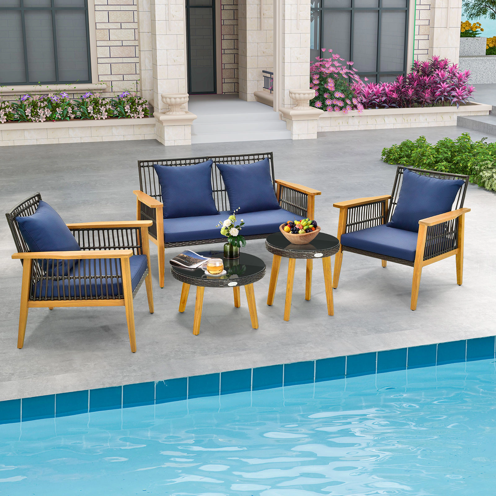 LJG 5 Piece Outdoor Conversation Set with 2 Coffee Tables for Backyard Poolside