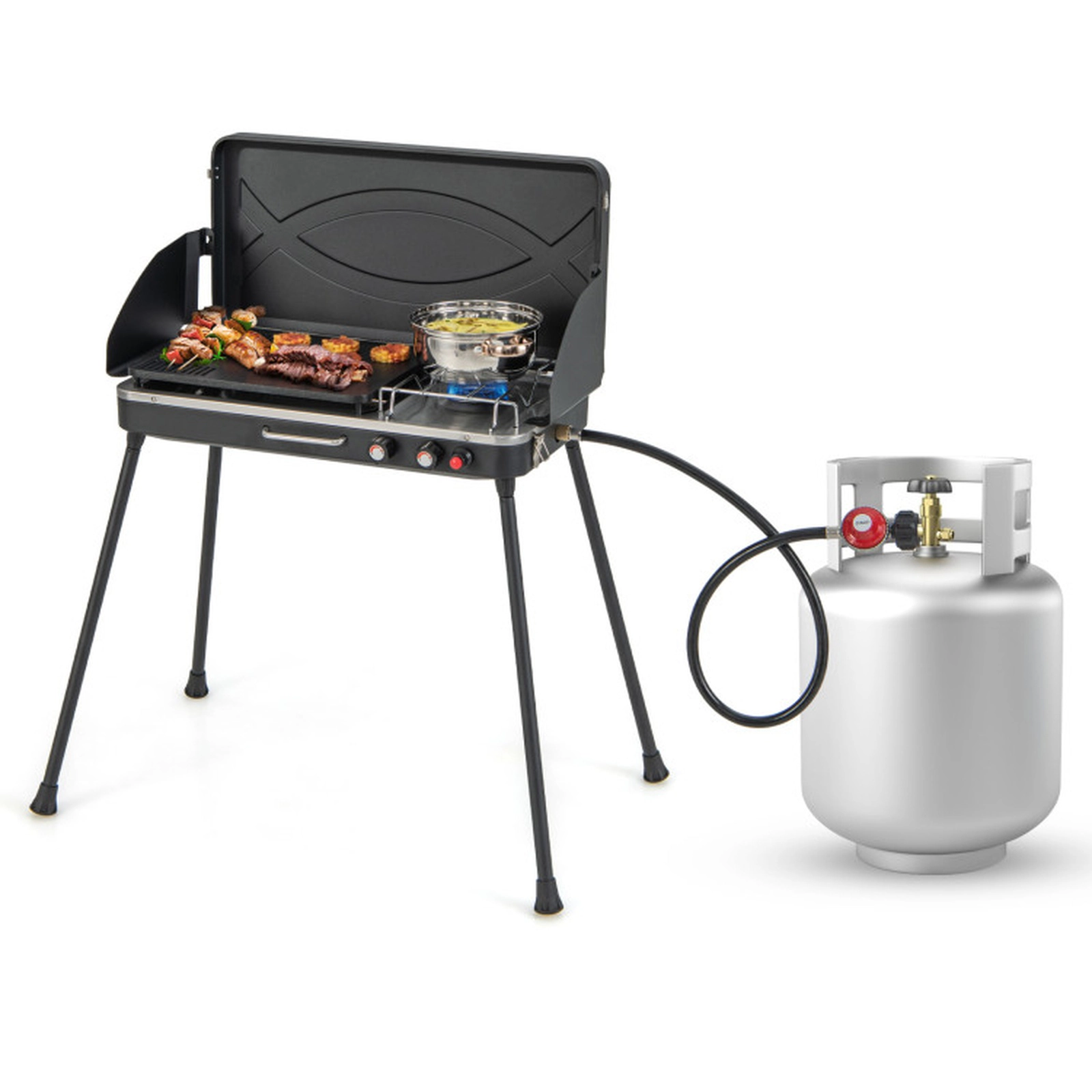 SUGIFT 2-in-1 Gas Camping Grill and Stove with Dual Burners and Detachable Legs Black