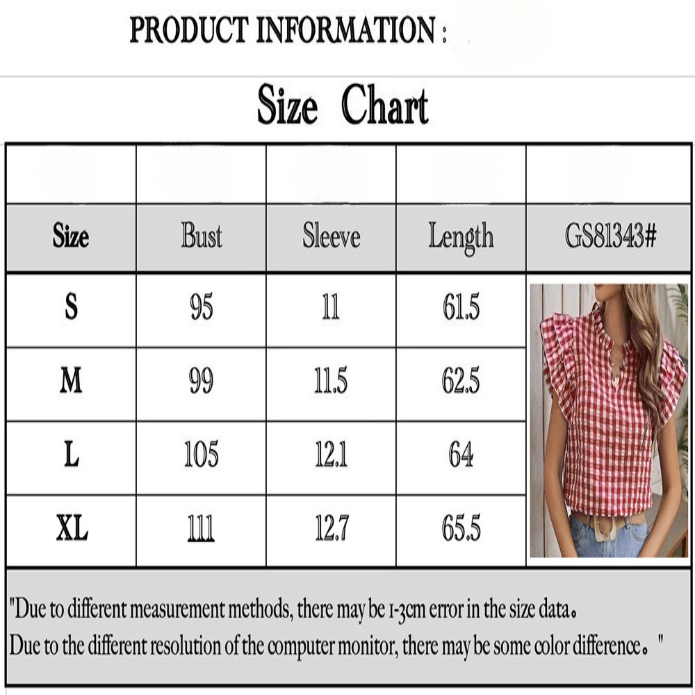 Enchanted Funland Womens Gingham Plaid Ruffle Cap Sleeve V‑Notch Collar Tops