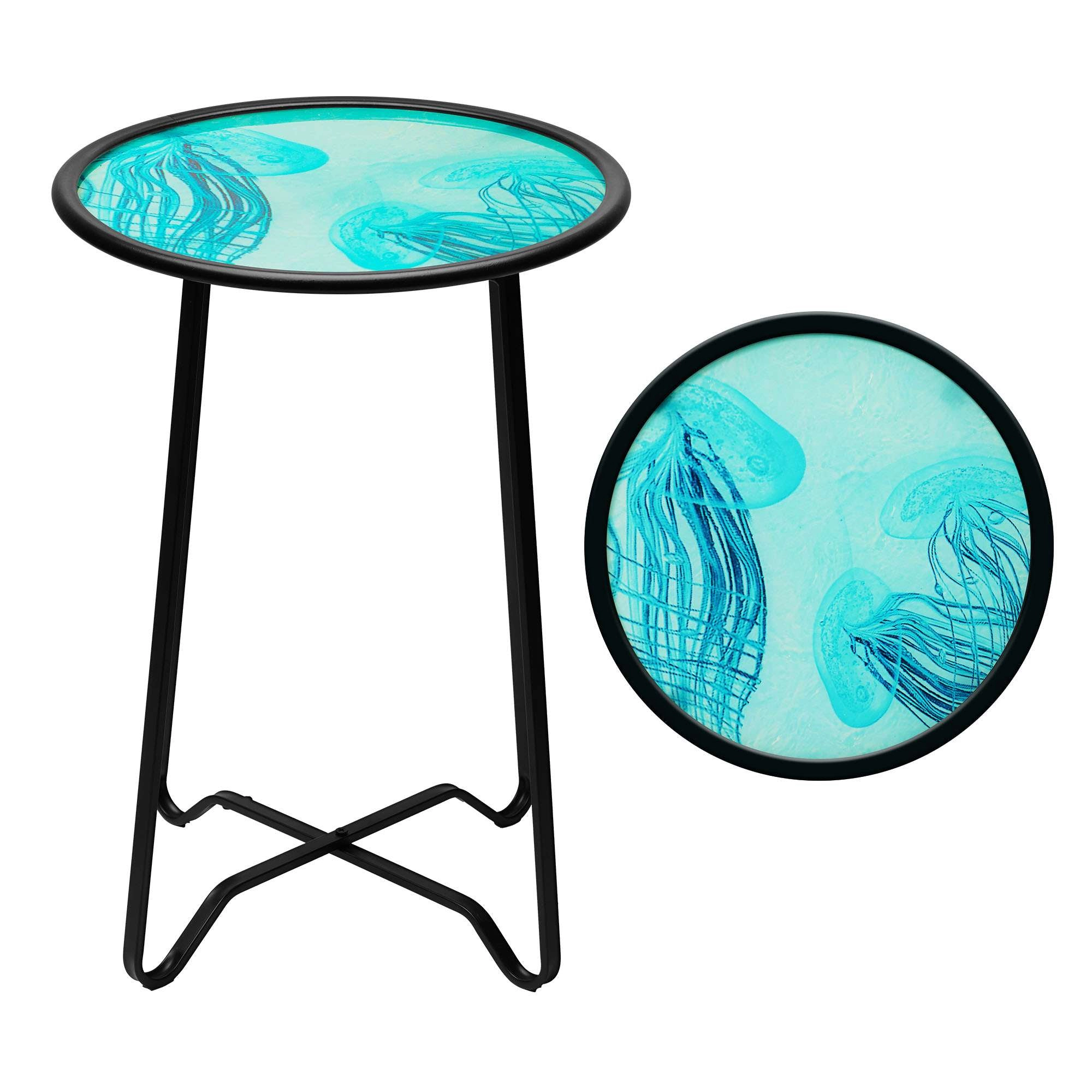 G128 14 in Round Glass Outdoor Side Table, Jellyfish Ocean Pattern - Foldable Metal Plant Stand for Patio Porch Garden