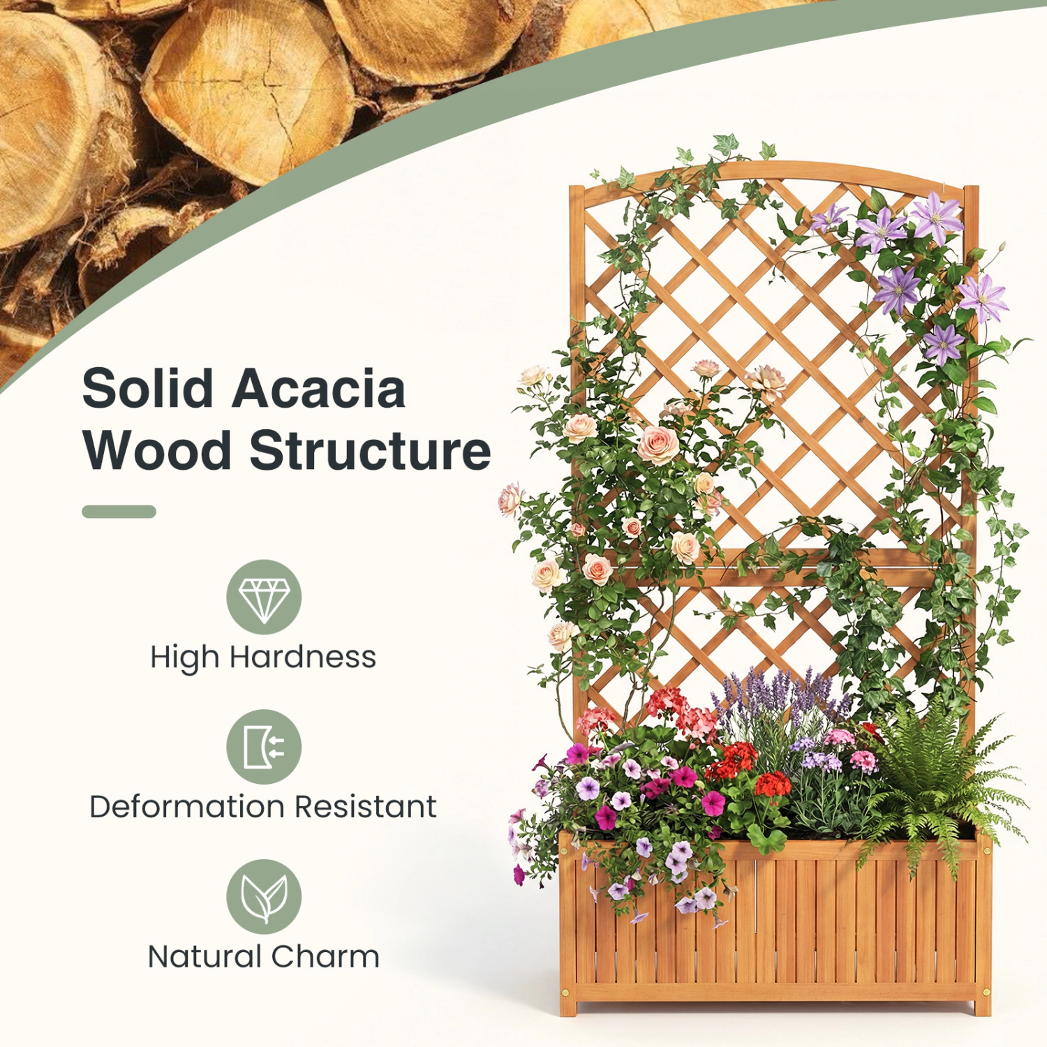 SUGIFT 63-in Tall 176-lb Capacity Acacia Wood Raised Garden Bed with Diamond Trellis and Slatted Base