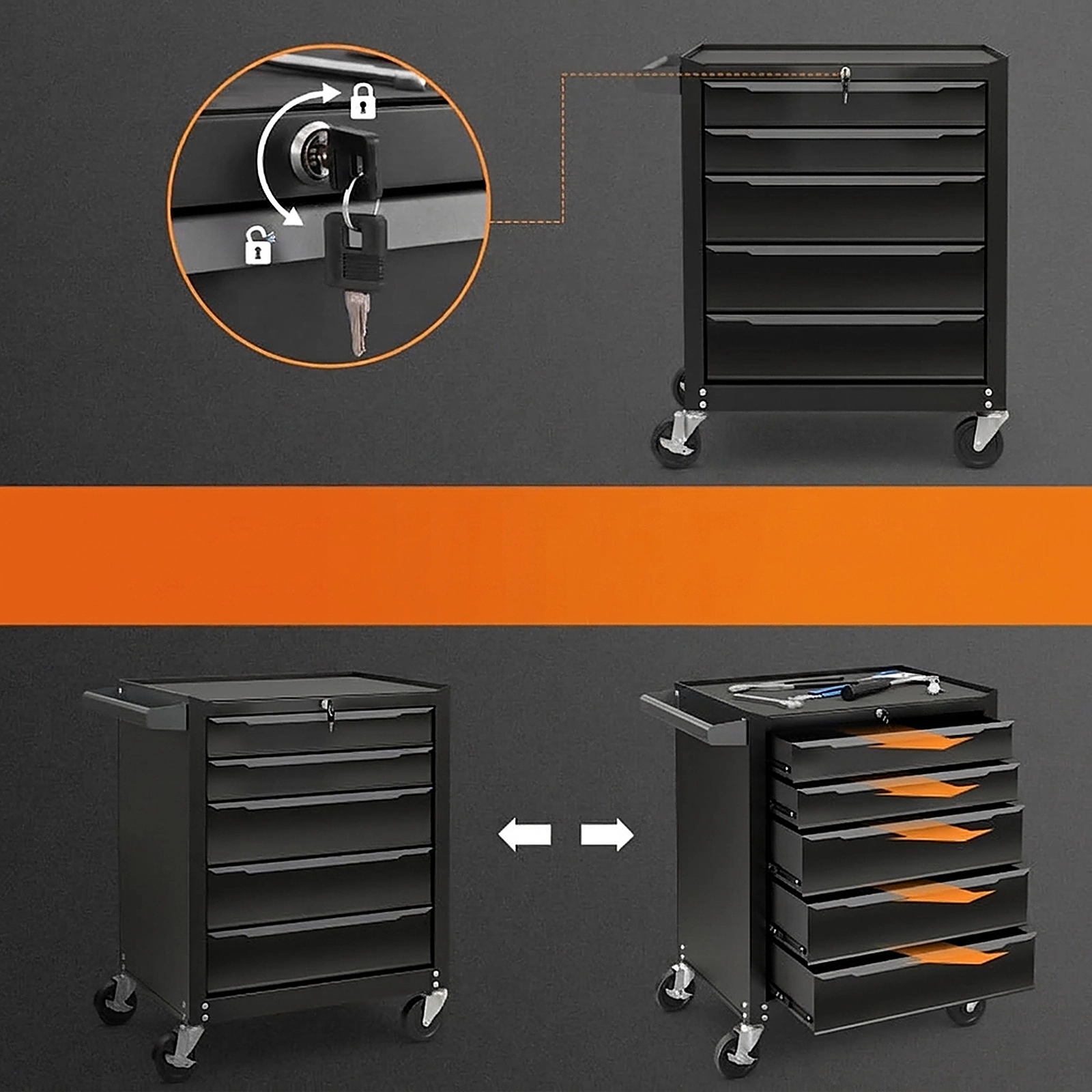 SUGIFT 5-Drawer Tool Storage Cabinet with Hanging Holes Central Keyed Locking System 44-lb Top 33-lb Drawers Black