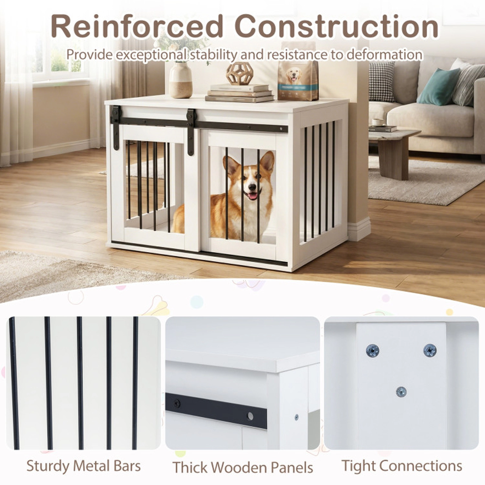 SUGIFT White 31.5-in Dog Crate Furniture Kennel with Sliding Barn Door Slatted Side Windows and Tabletop