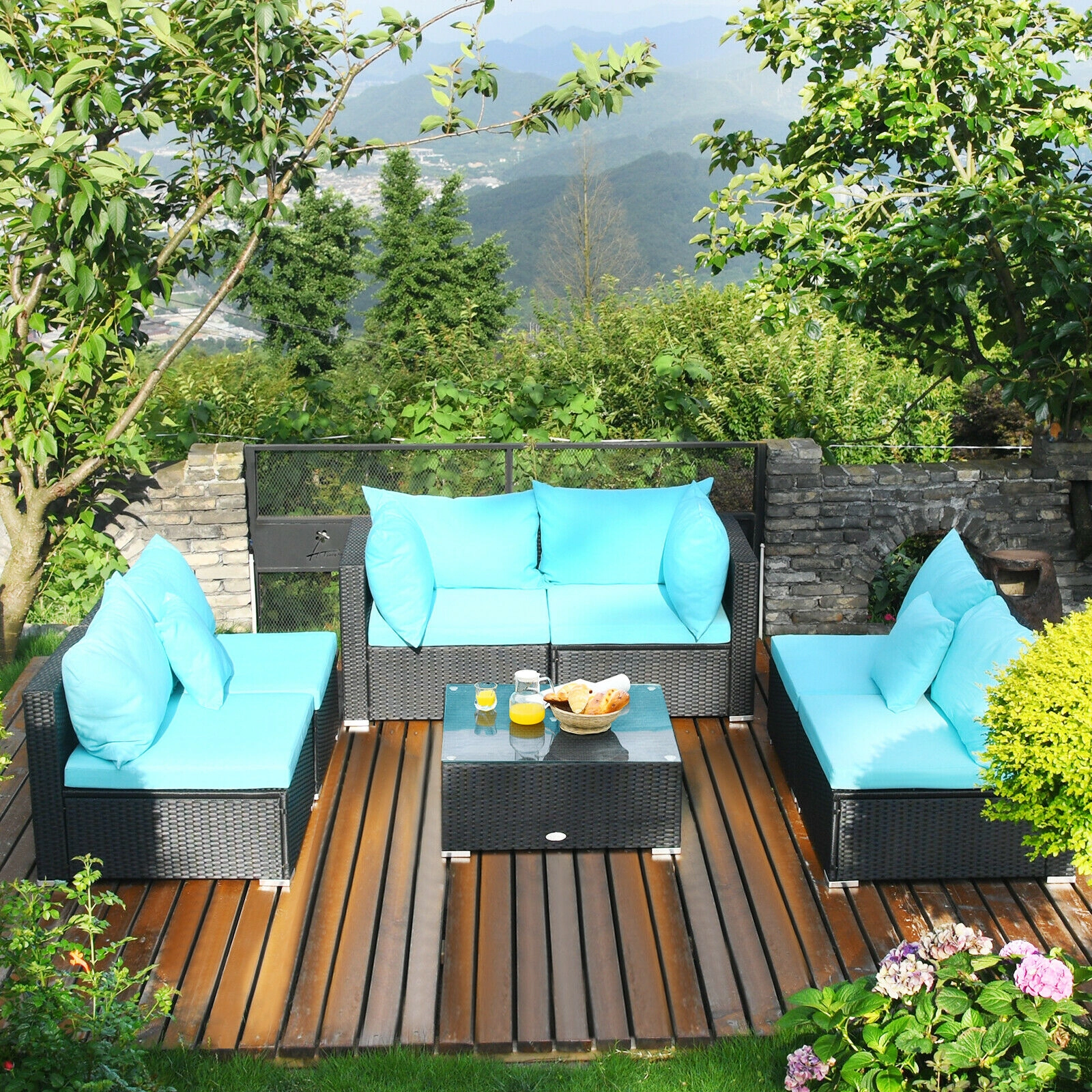 SUGIFT 7-Piece Blue Wicker Patio Sectional Sofa Set with Glass Table