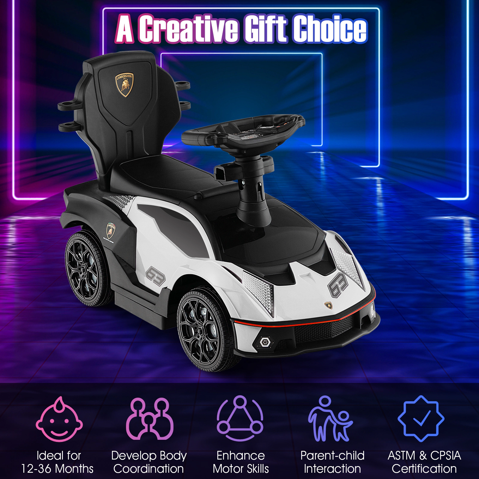 SUGIFT White Handle Guardrail and Storage Kids 3 in 1 Licensed Lamborghini Ride On Push Car