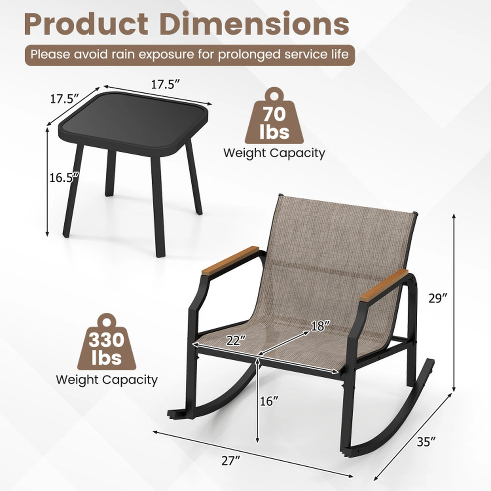 SUGIFT Patio Rocking Bistro Conversation Set with Tempered Glass Coffee Table 330-lb Rocking Chairs Black + Brown