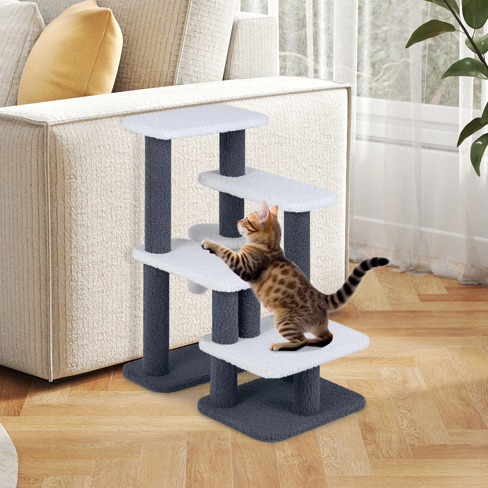 LJG 2-in-1 Cat Stairs Cat Tree Tower with Scratching Posts and Hanging Toy Ball