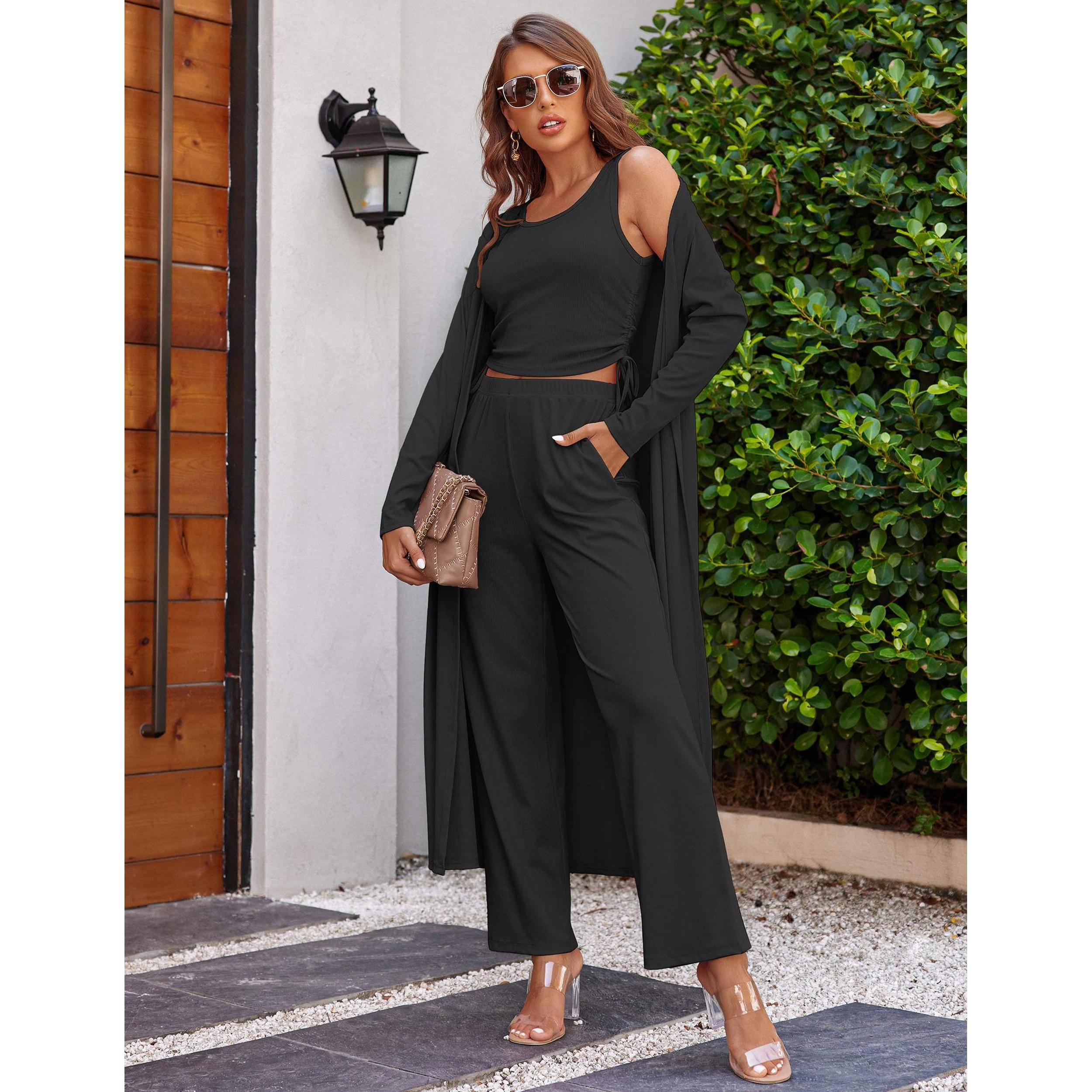 Ekouaer Women's 3 Piece Knit Lounge Set Pajama Long Sleeve Cardigan Sleeveless Top Pants