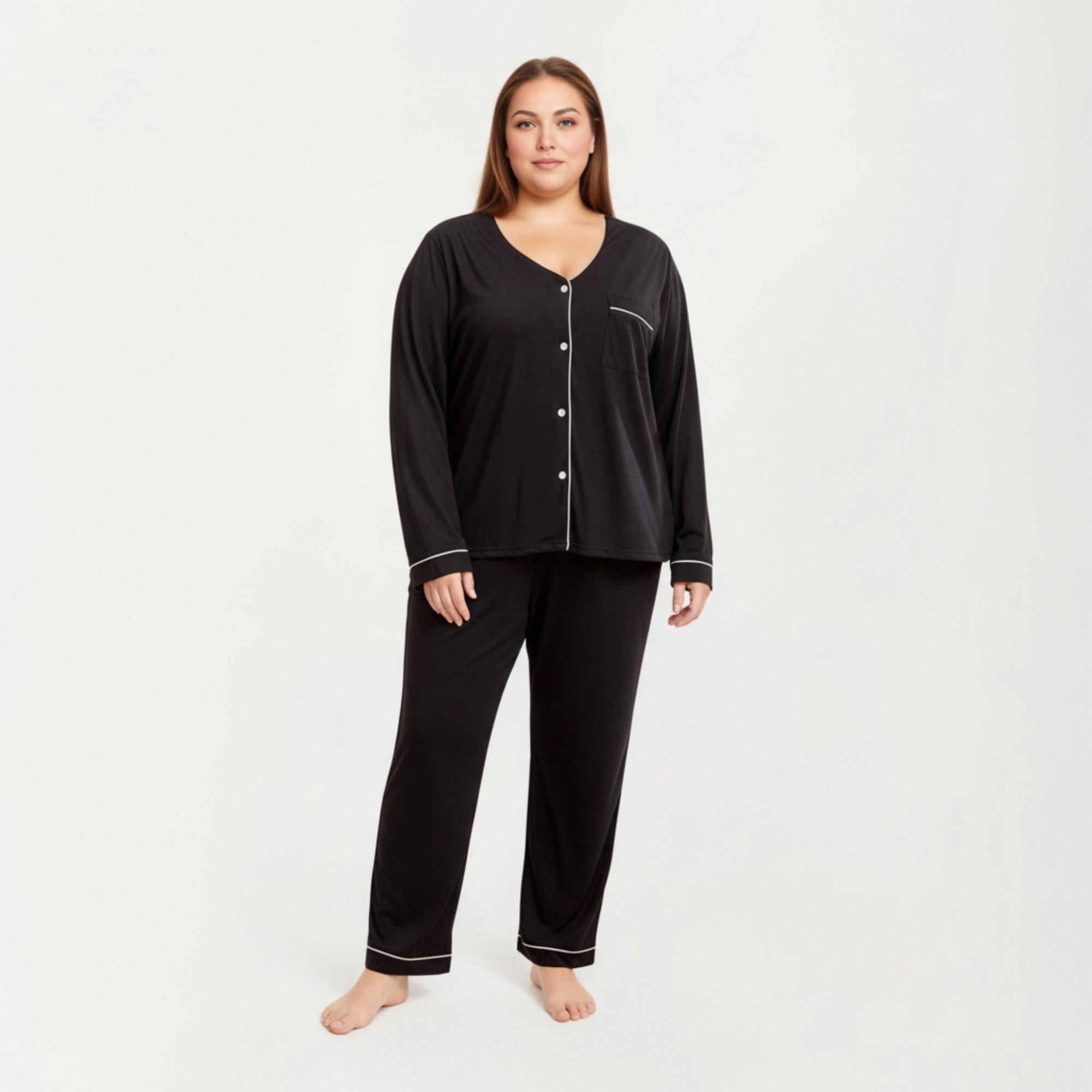 Anna-Kaci Women's 2-Piece Long Sleeve Button Front Pajama Top and Matching Relaxed Pants with Clean Piped Edging