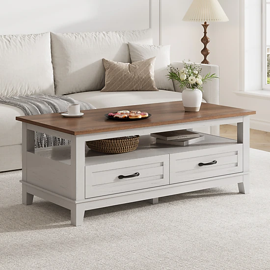 BebreezChic Modern Farmhouse 47 Inch 3 Tier Wooden Living Room Coffee Table with Drawers and Shelf