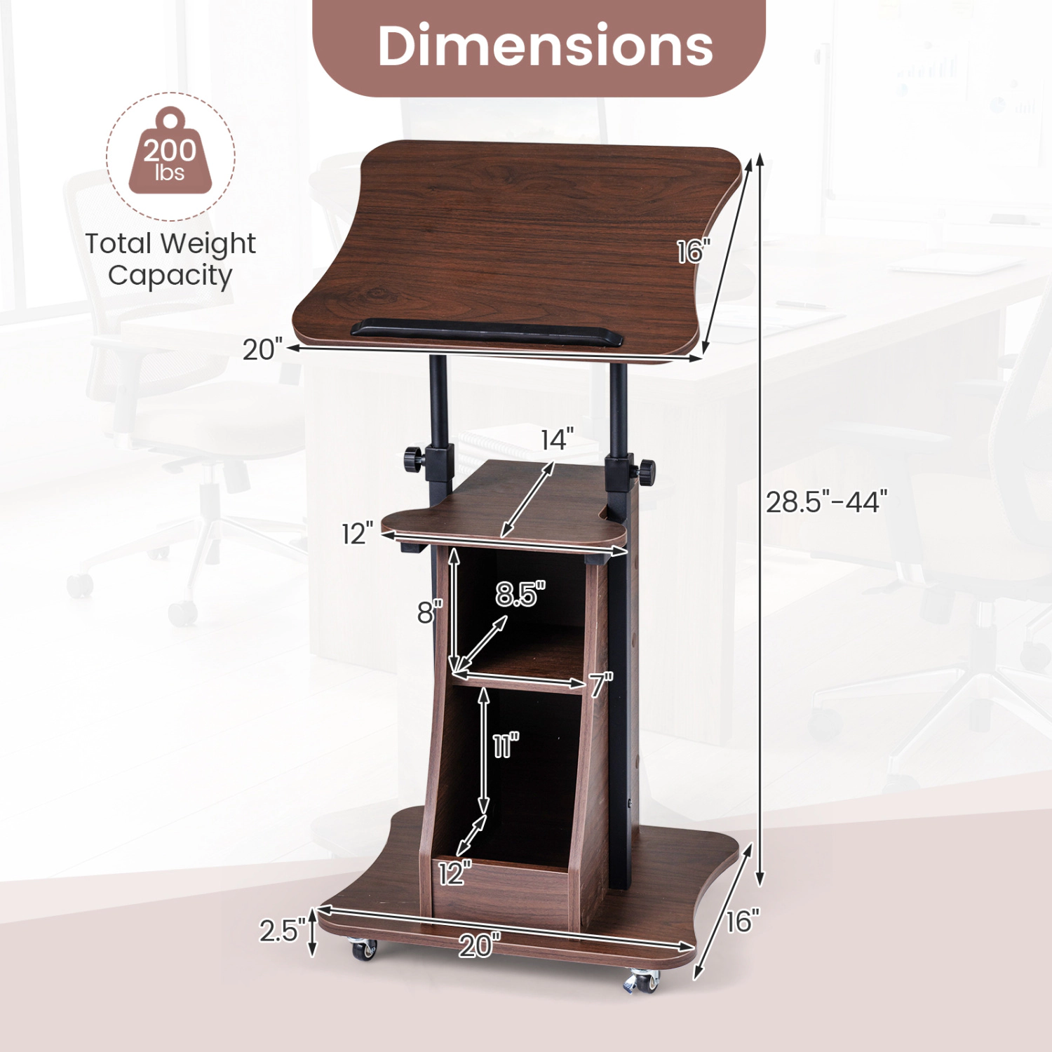 SUGIFT Height Adjustable Mobile Laptop Podium Stand Lap Desk with Tilting Tabletop 200-lb Capacity Brown