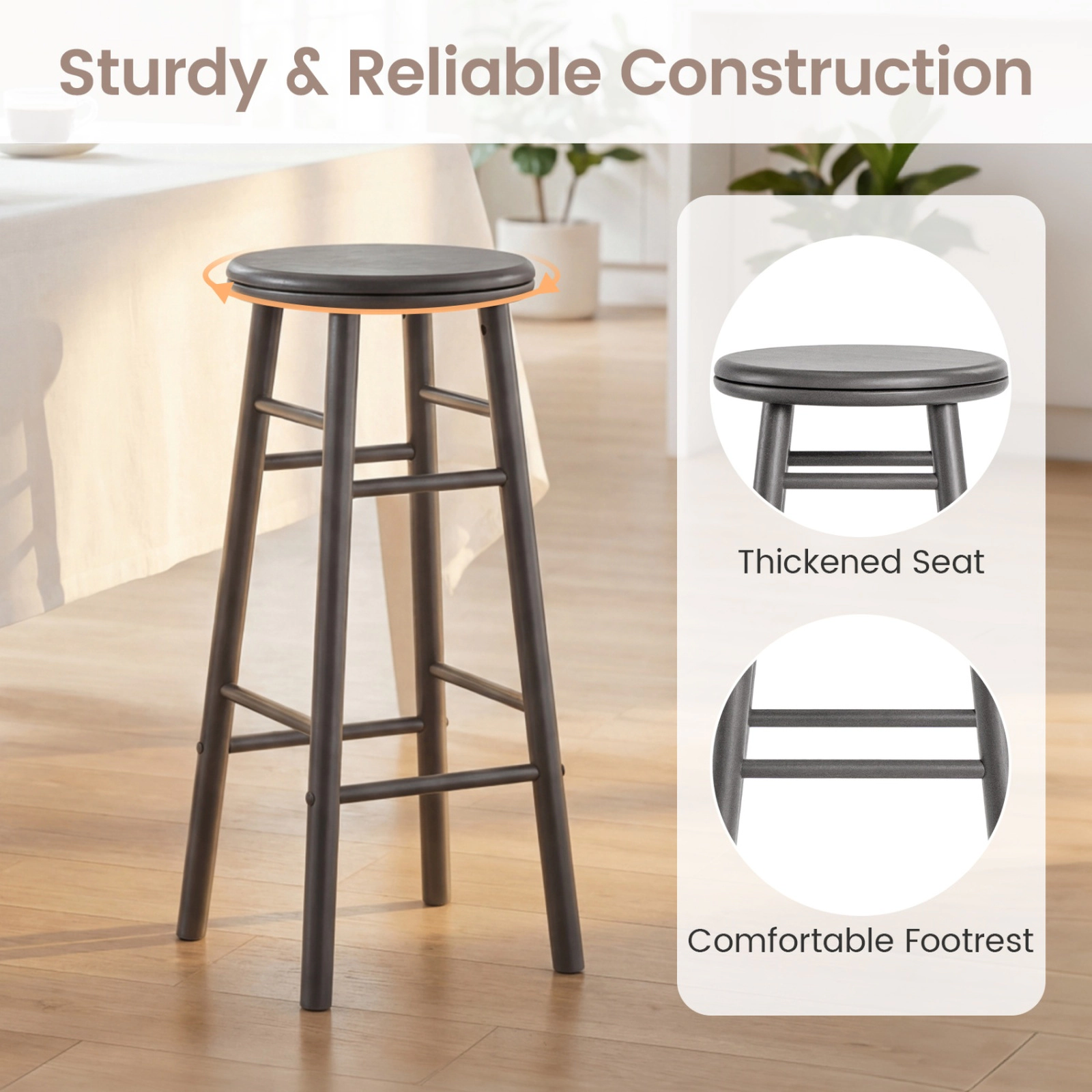 SUGIFT Swivel Bar Stools with 360° Swivel Seat Footrests and Crossbars 330-lb Capacity Natural Gray Walnut
