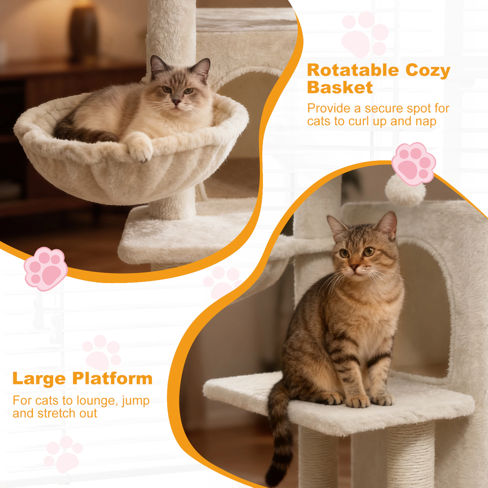 Glintex 33.5-Inch Kitten Tower with 2-Tier Condo 3 Cat Holes and Padded Basket