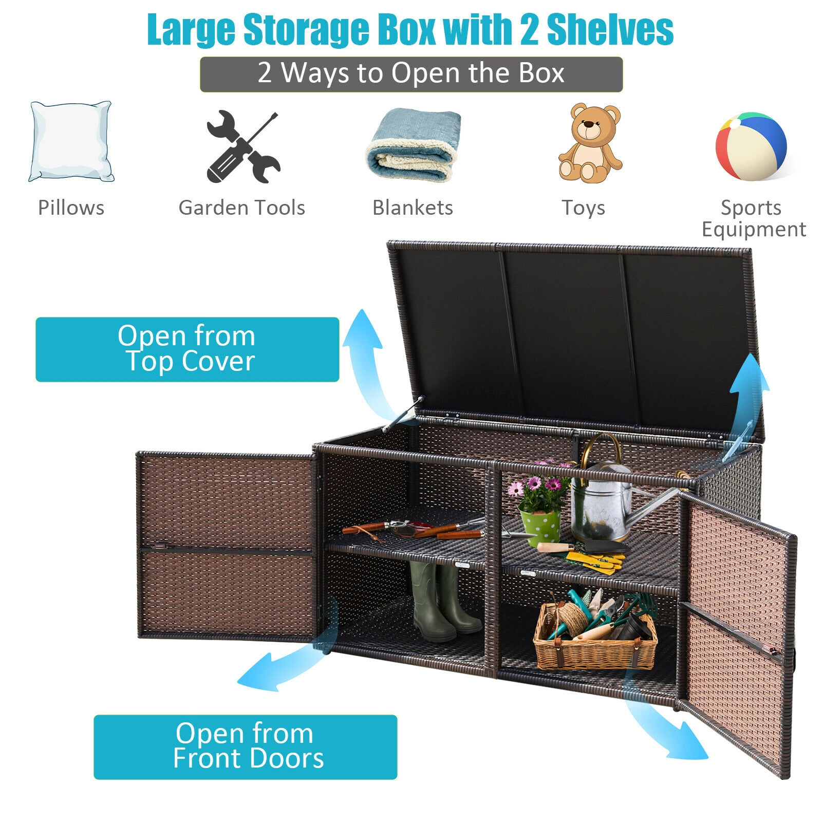 SUGIFT 88-Gallon 2-Shelf PE Rattan Steel Frame Garden Patio Storage Box 45-in x 23.5-in x 25.5-in 110-lb Shelf Brown