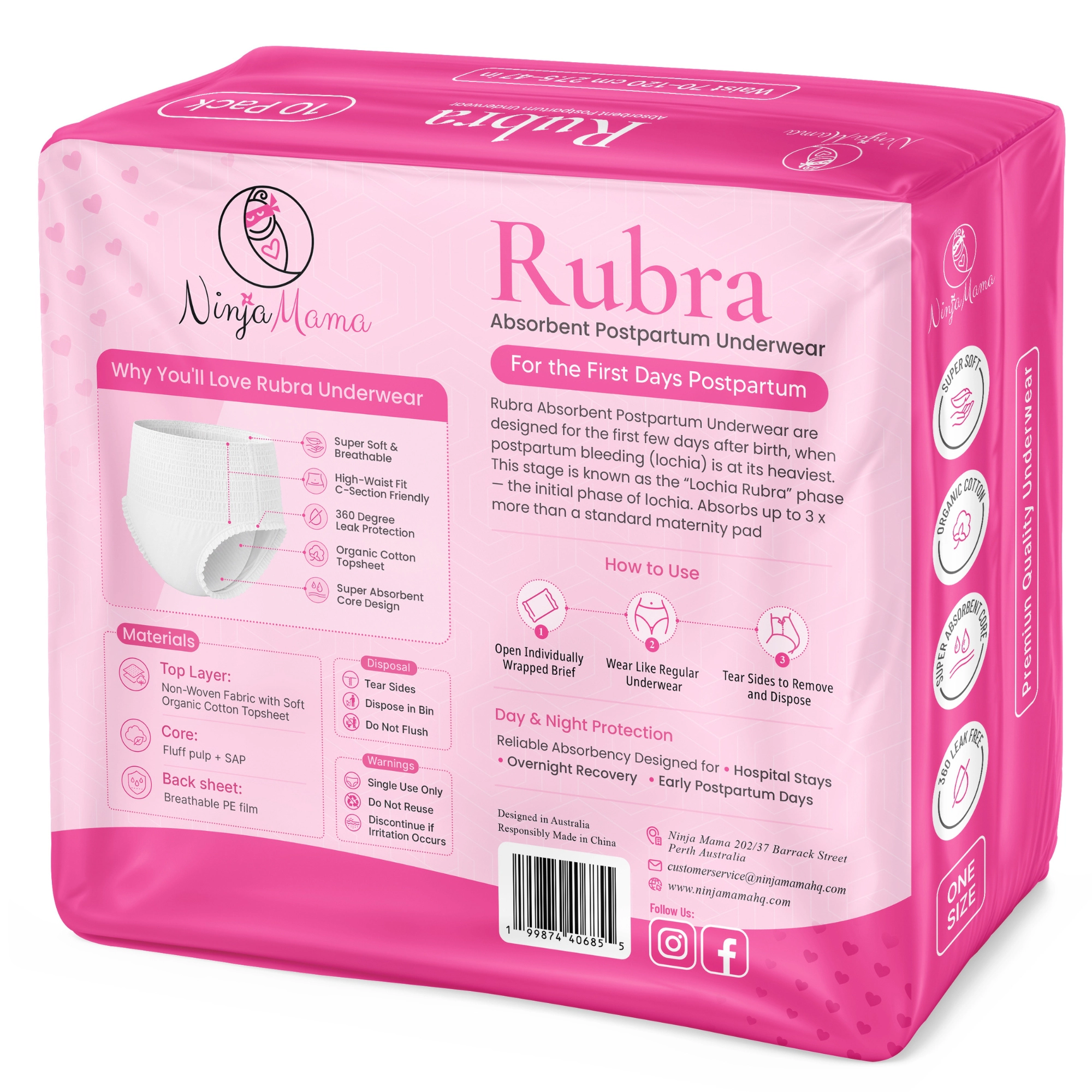Ninja Mama Women's Rubra Disposable Absorbent Postpartum Underwear With Organic Cotton - Pack of 10