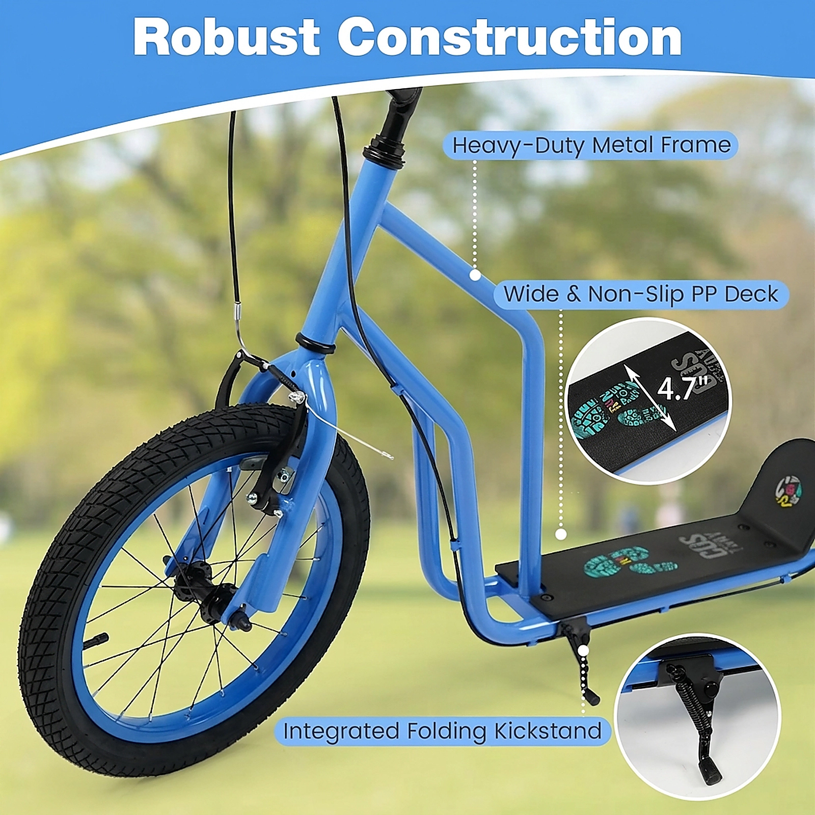 SUGIFT Blue Kick Scooter, 16-Inch Front and 14-Inch Rear Inflatable Wheels, Hand Brakes, 110-Lb Capacity