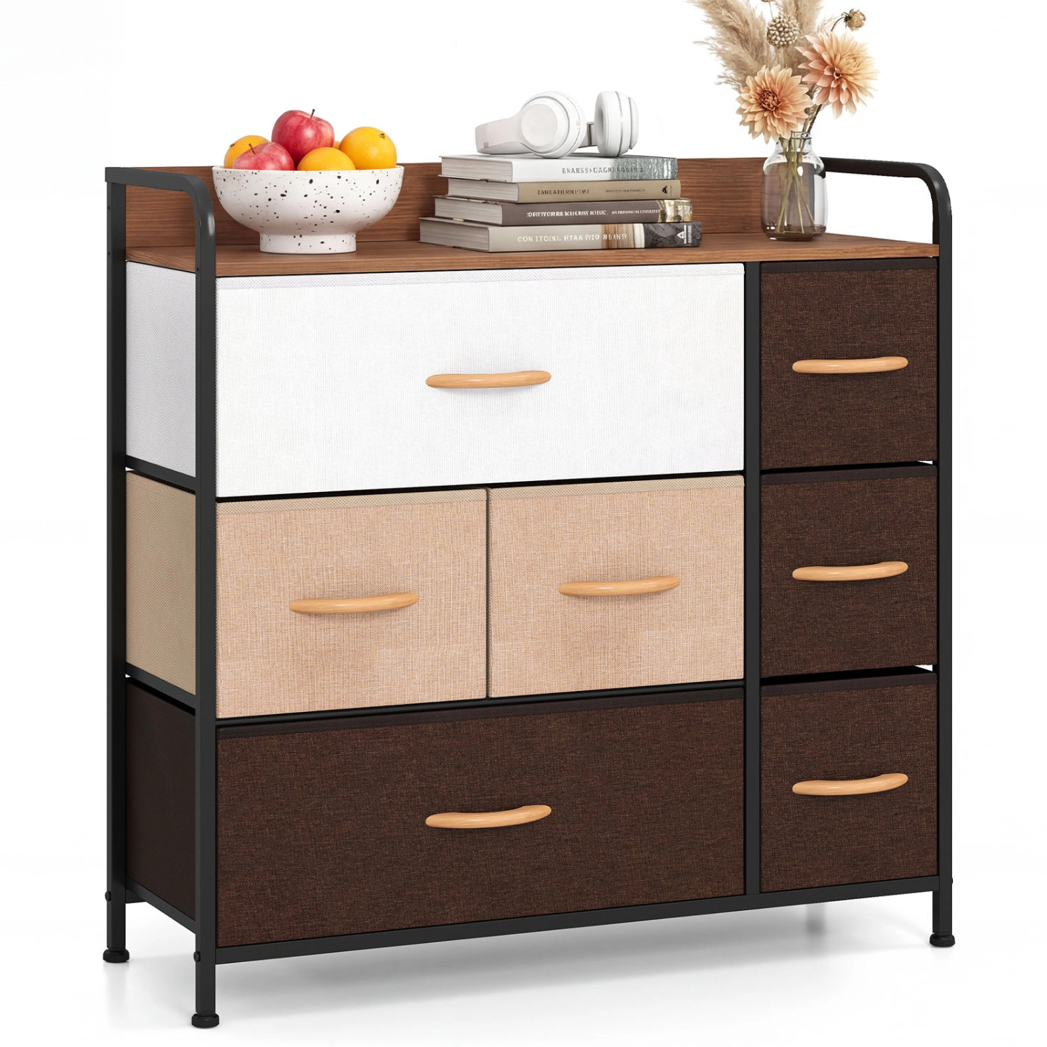 LJG 7 Drawer Tower Steel Frame and Wooden Top Dresser Storage Chest for Bedroom
