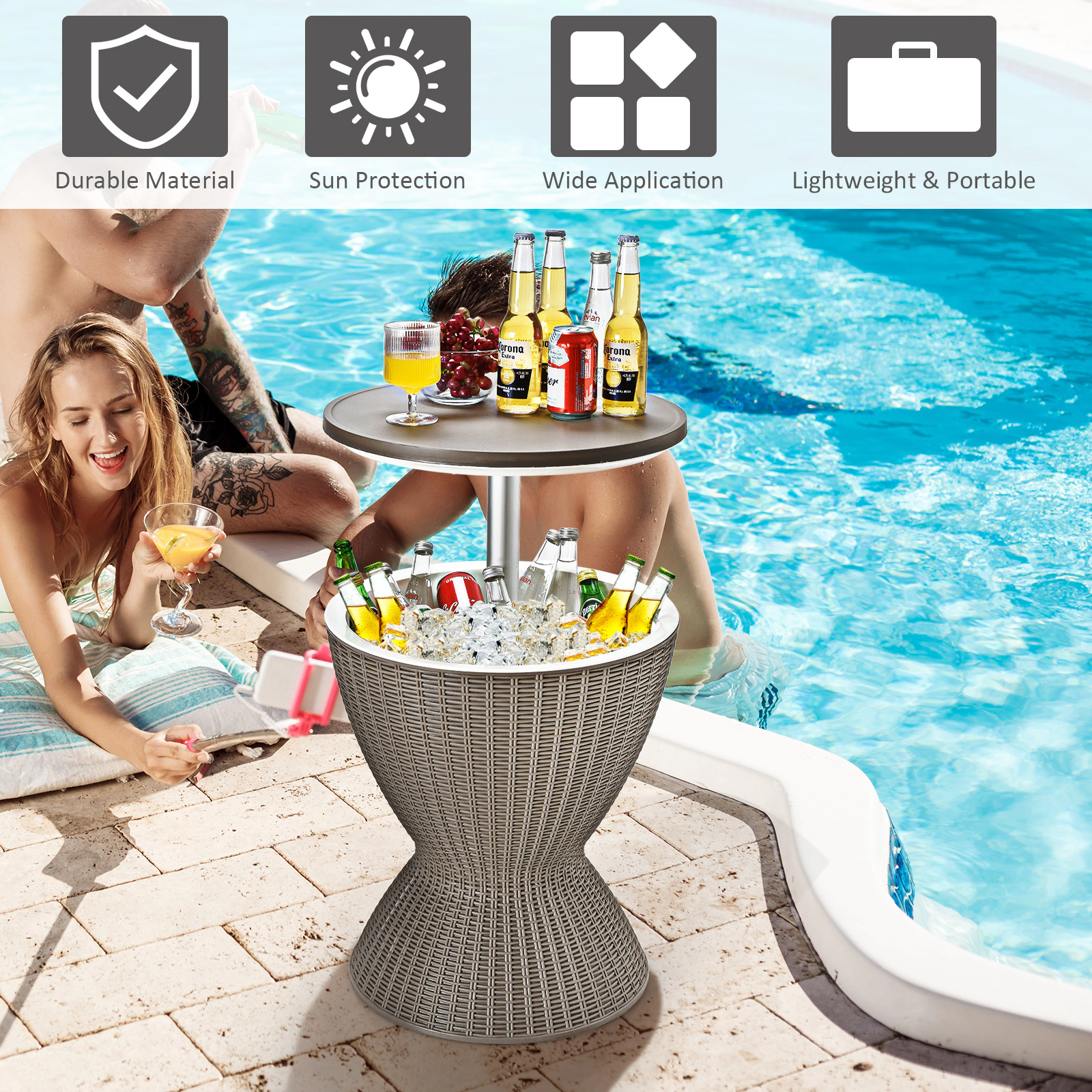 SUGIFT 3-in-1 Patio Cooler Bar Table, 8-Gal Ice Bucket, Adjustable Height