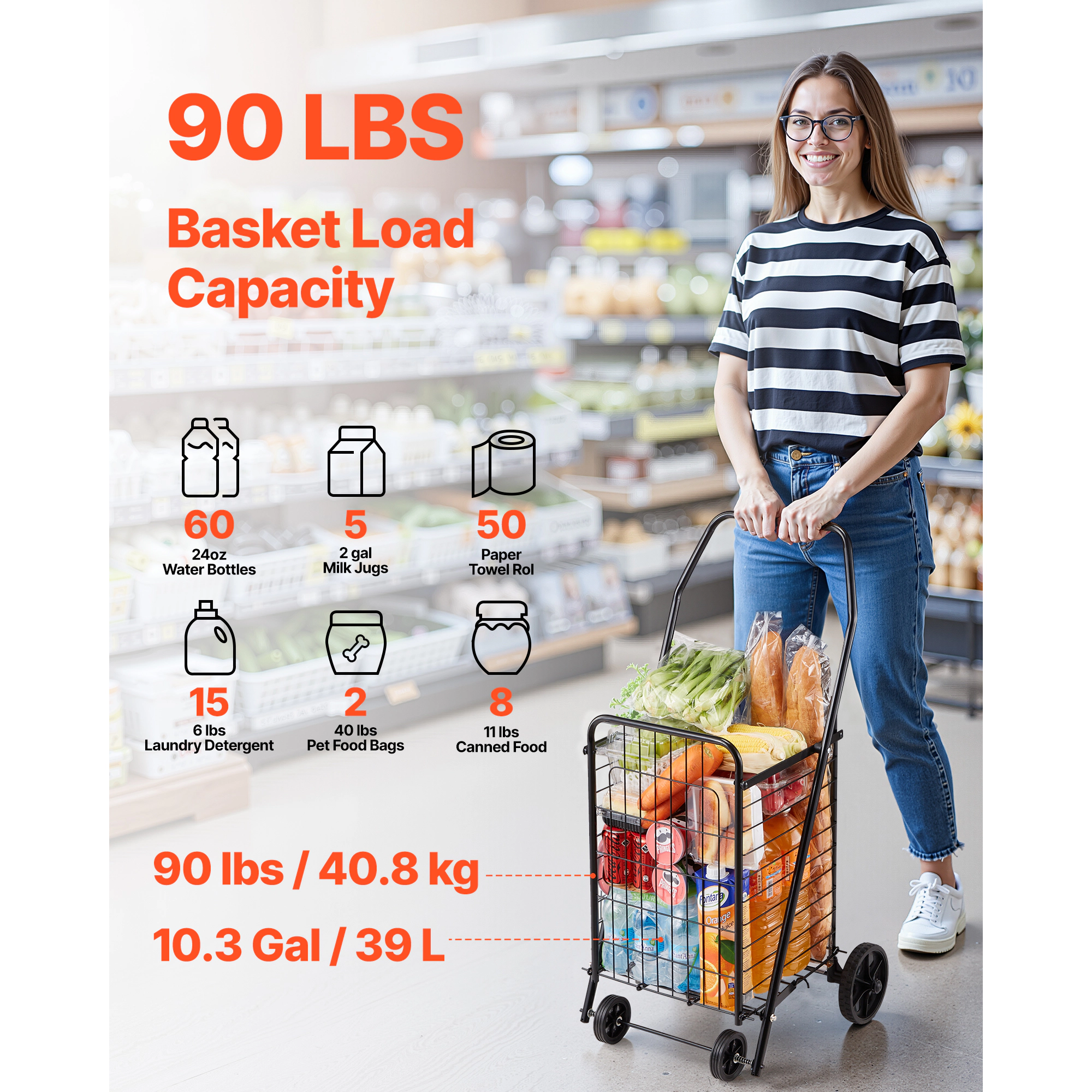HONGGE Heavy Duty Laundry Cart with Swivel Wheels, Large Load Capacity Shopping Basket for Grocery Camping Luggage