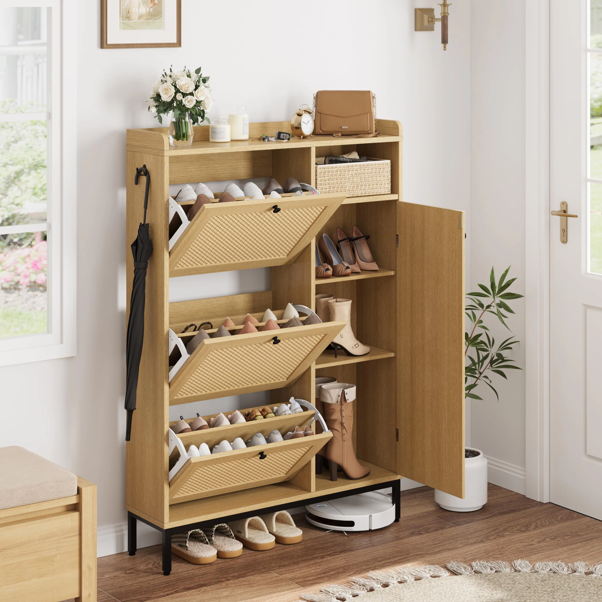BebreezChic Narrow Rattan 4-Tier Shoe Cabinet with 3 Flip Drawers,NATURAL