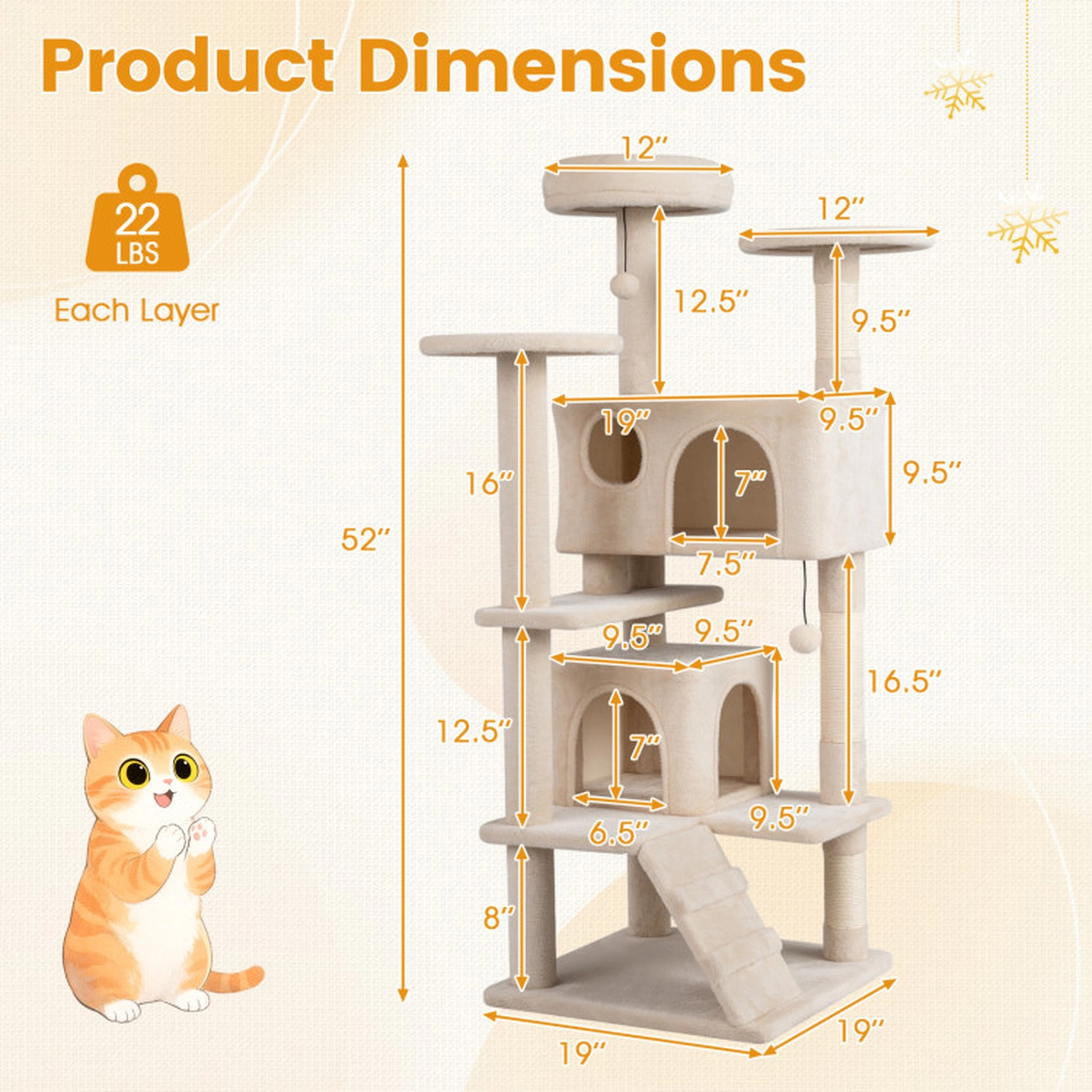 SUGIFT 52-in Beige Cat Tree Tower with 19-in 2-Door Cave 1-Door Cave Base Ladder and Sisal Posts