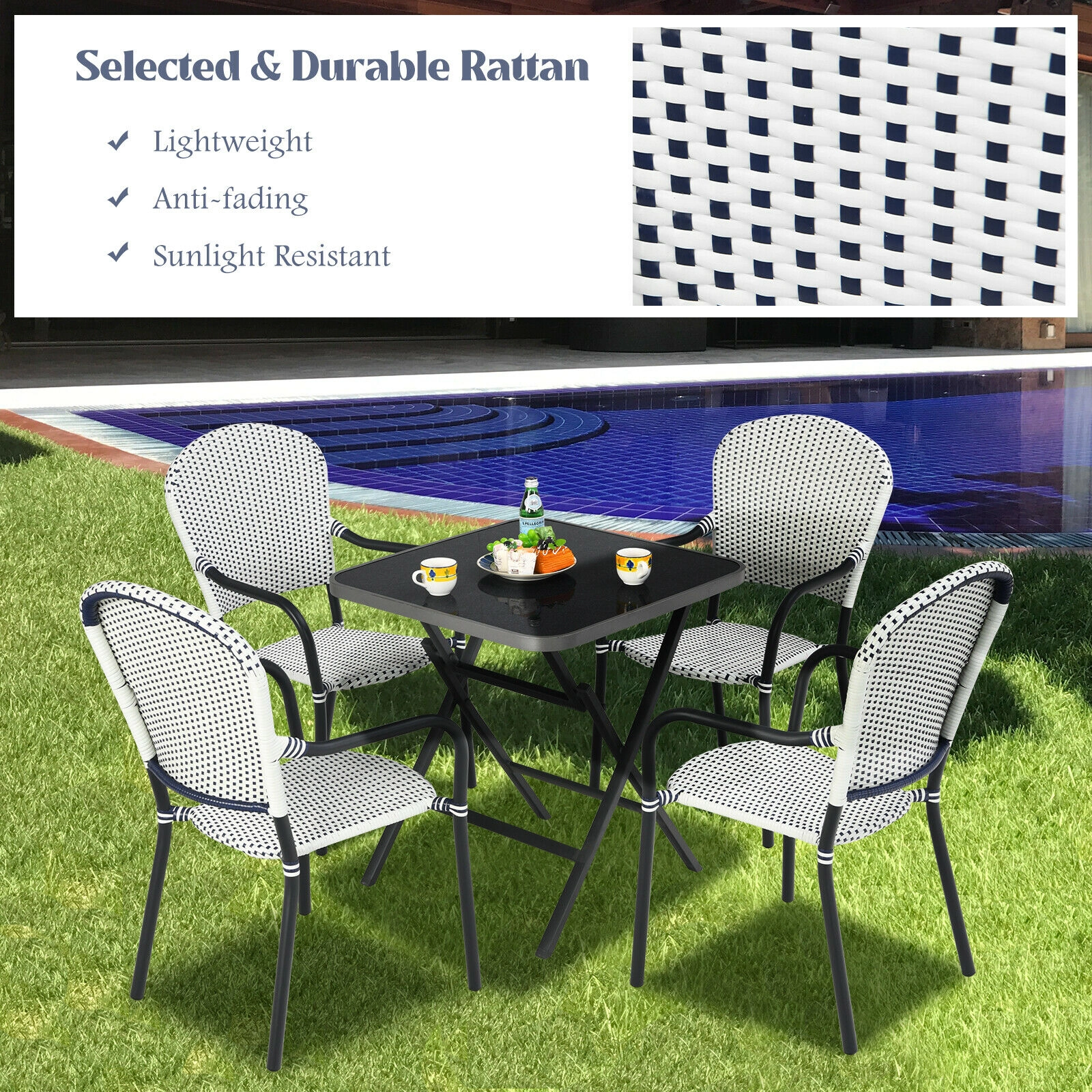 SUGIFT White Rattan Stackable Curved Armrests Garden Set of 4 Patio Dining Chairs