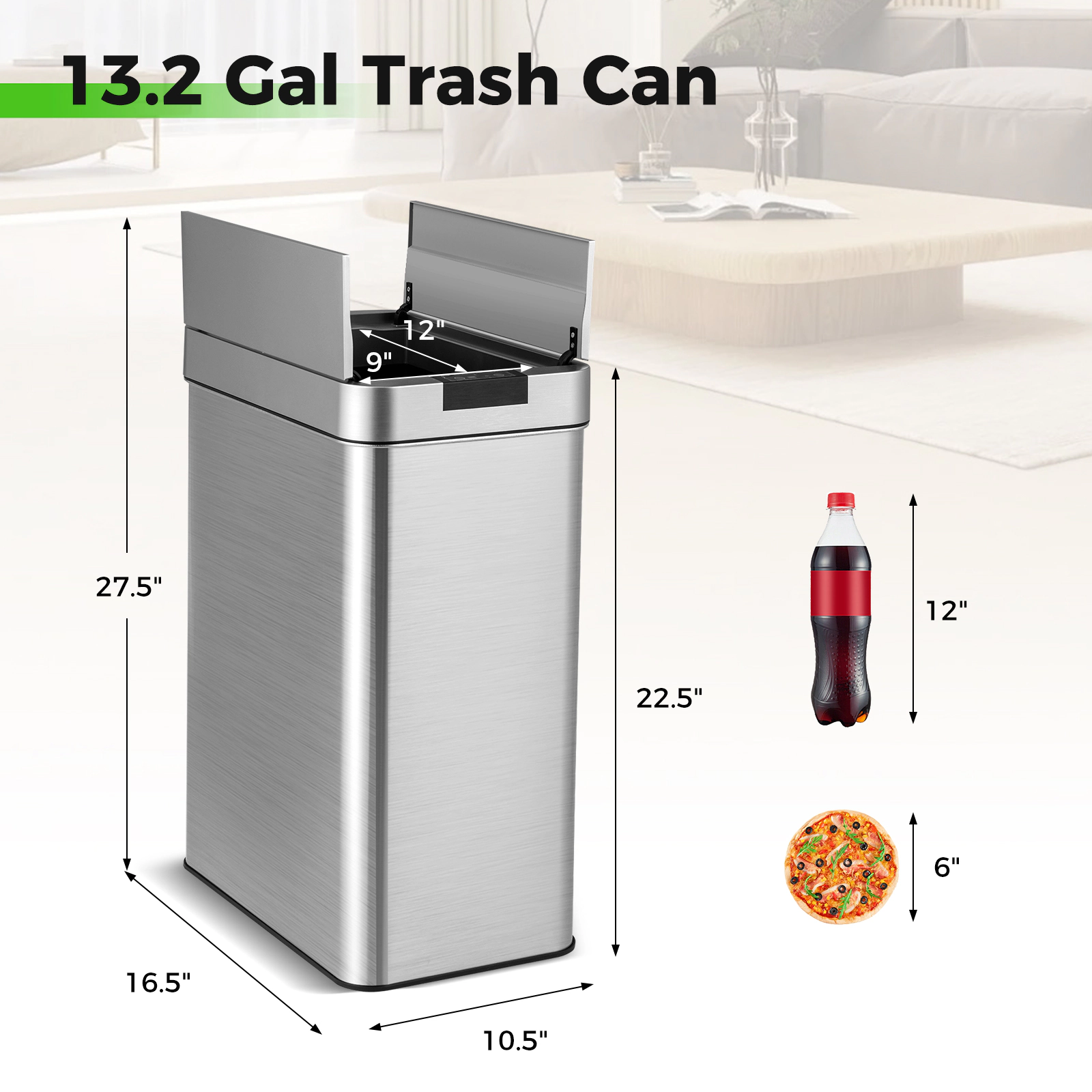Hivvago 13.2 Gal Slim Kitchen Trash Can with Wing Lids and Stainless Steel Frame