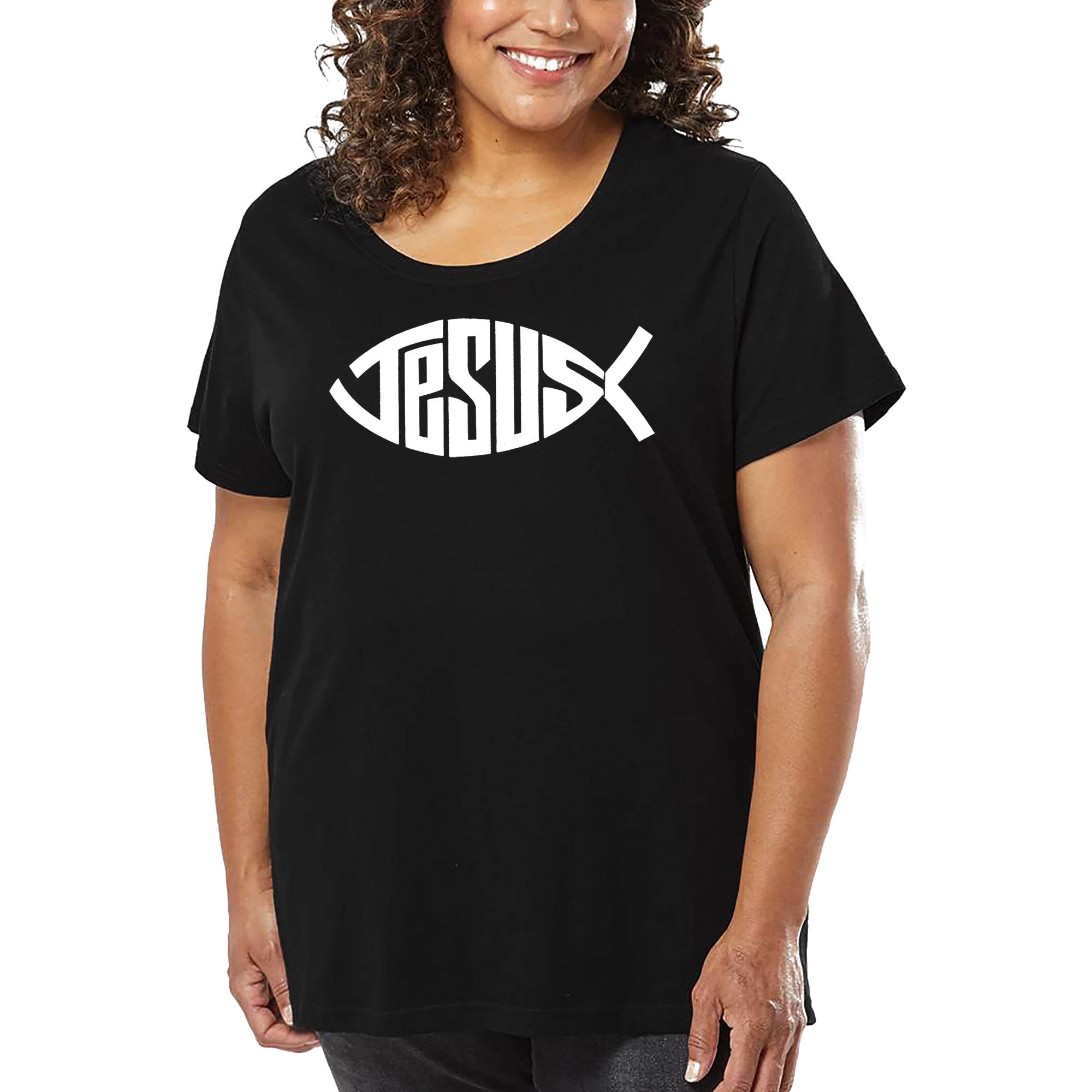 LA Pop Art Women's Plus Word T-Shirt - Christian Jesus Name Fish Symbol