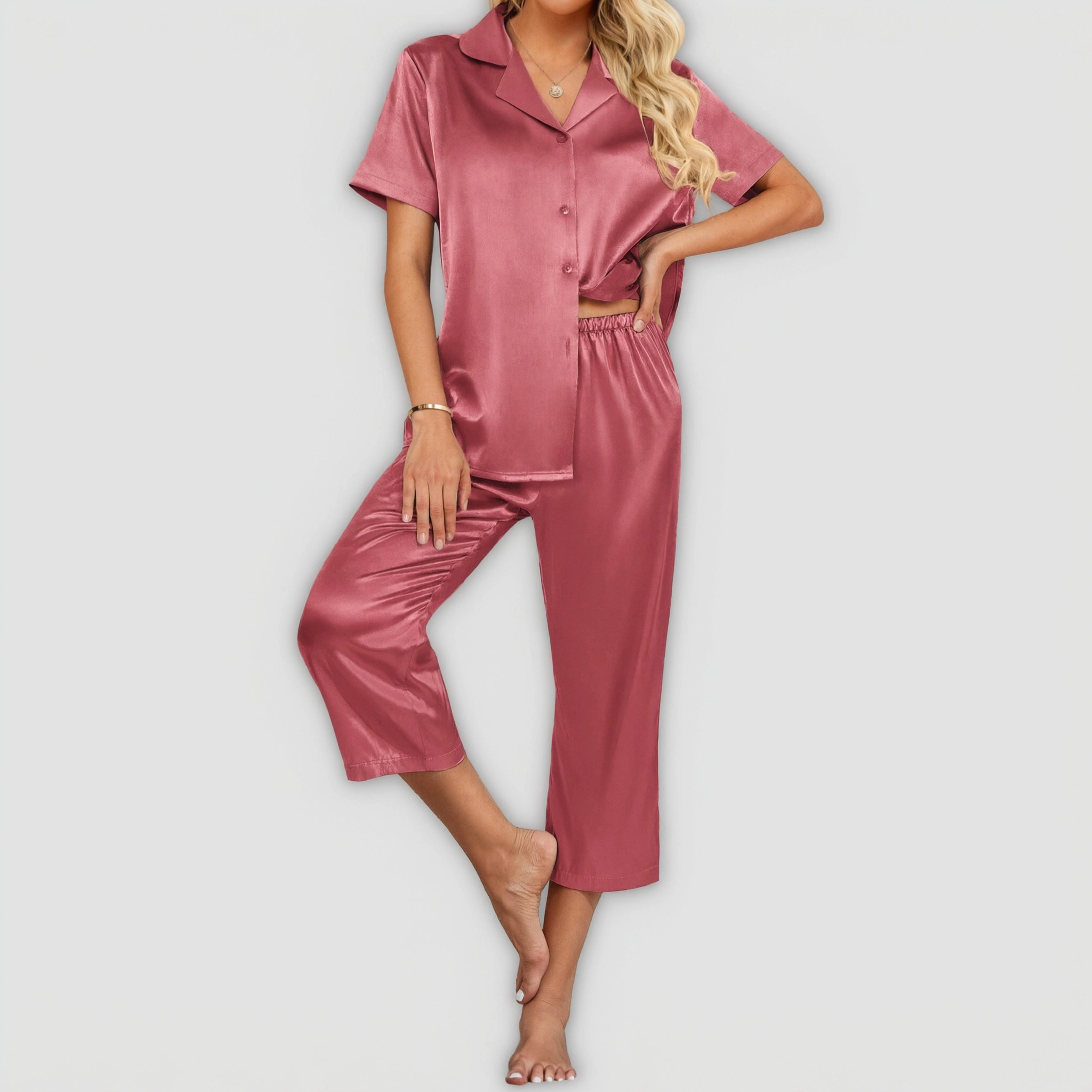 Ekouaer Womens Satin Pajamas Capri Pjs 2 Piece Lounge Sets Short Sleeve Button Down Sleepwear