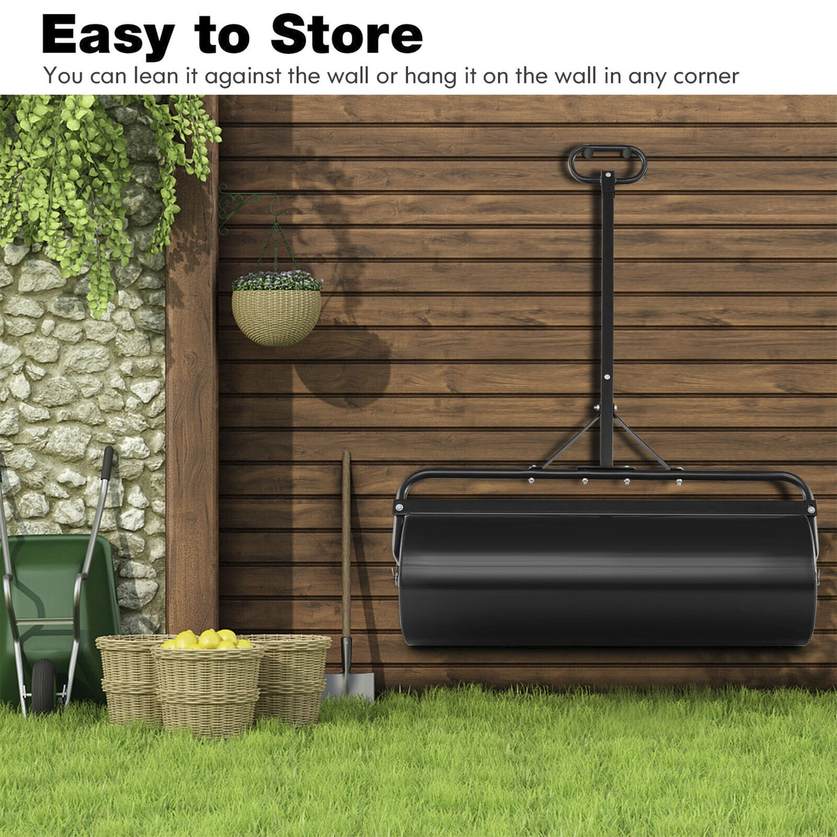 SUGIFT Black 17-gal Water Filled Lawn Roller Push Pull or Tow Behind Metal Drum with Detachable Handle