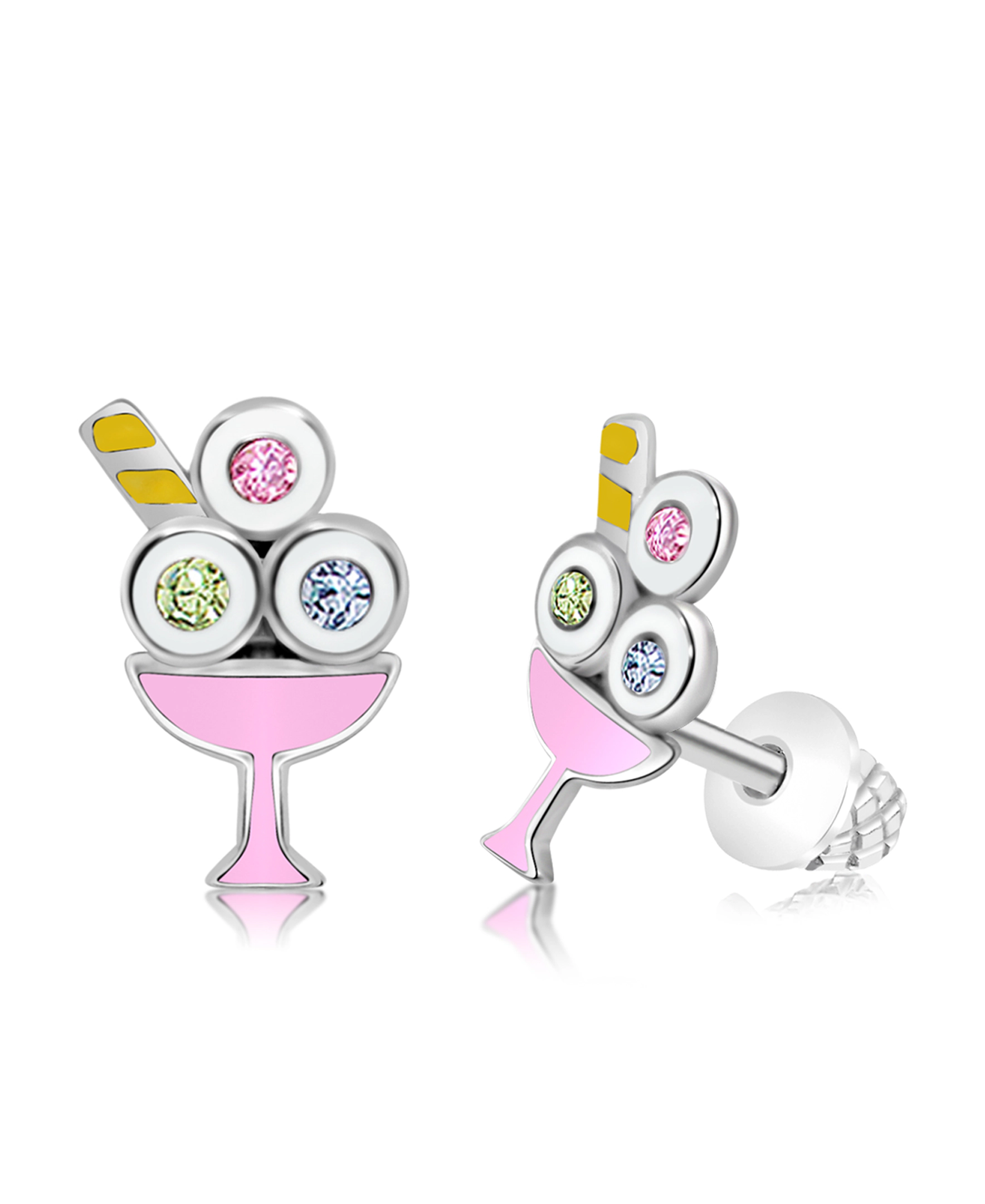 CHANTEUR Kids Ice Cream Crystal Screw-Back Stud Earrings - White Gold Palladium Plating