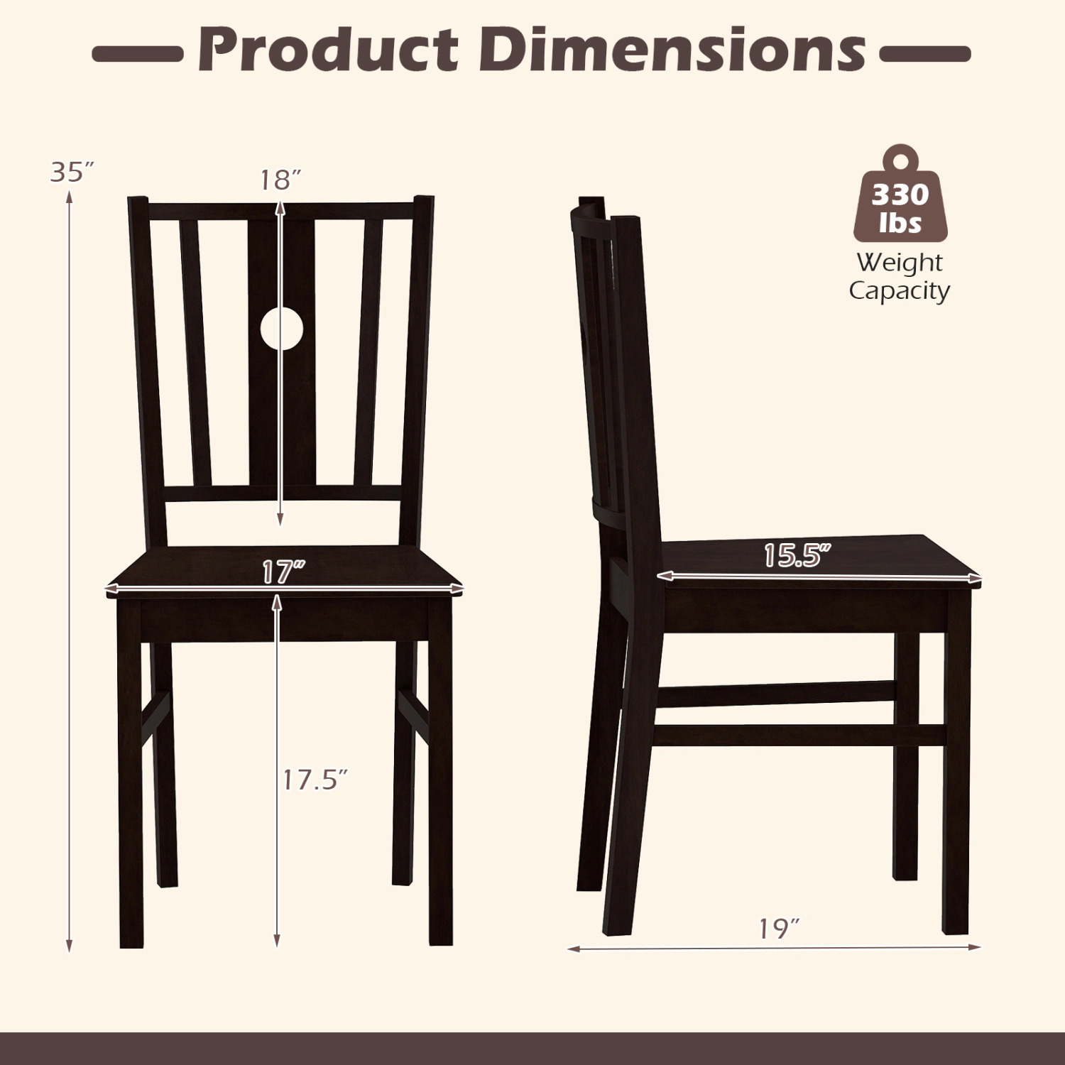 LJG Set of 2 Solid Rubber Wood Kitchen Chairs with Slatted Curved Backrest