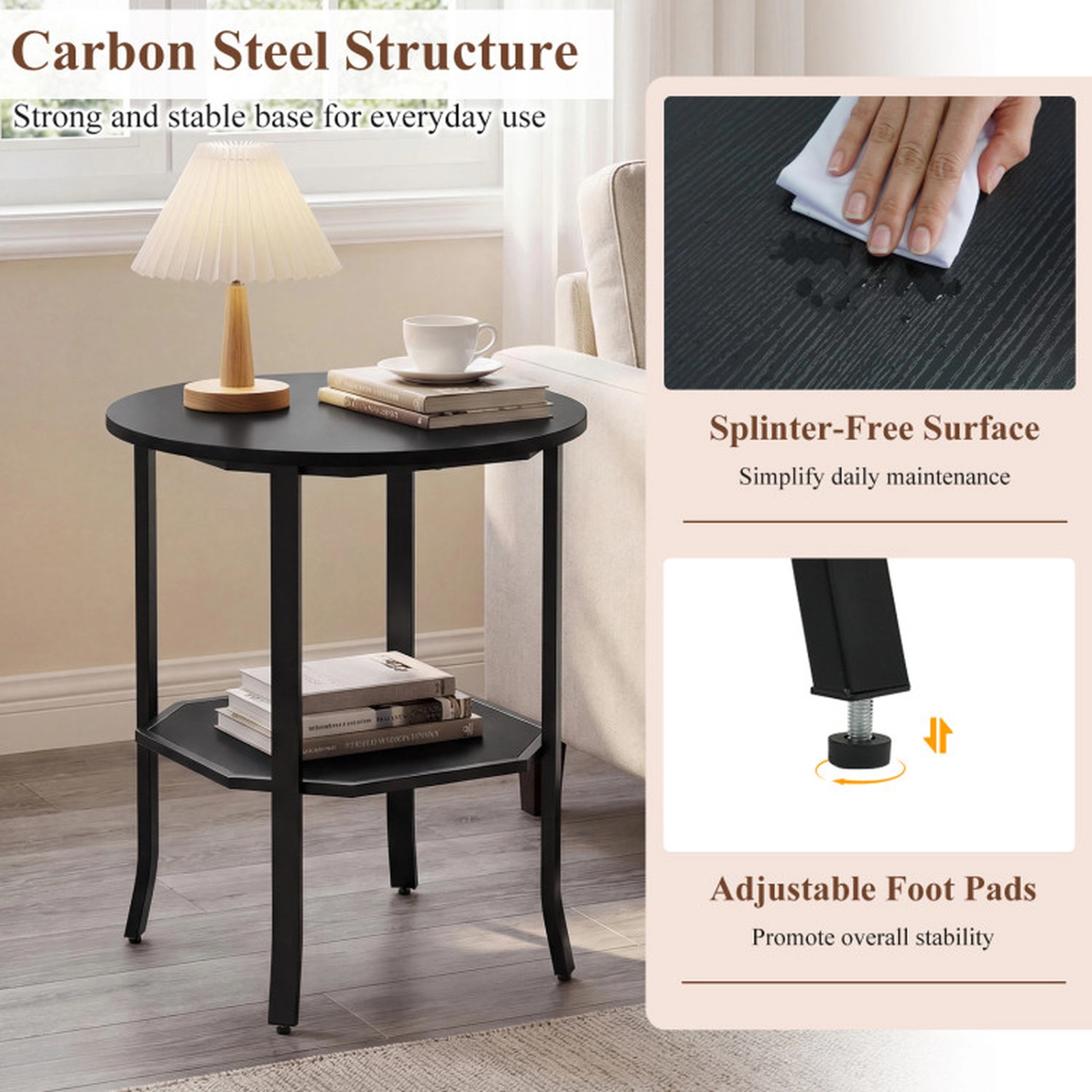 SUGIFT Storage Shelf and Carbon Steel Frame 2-Tier Black Round Side Table